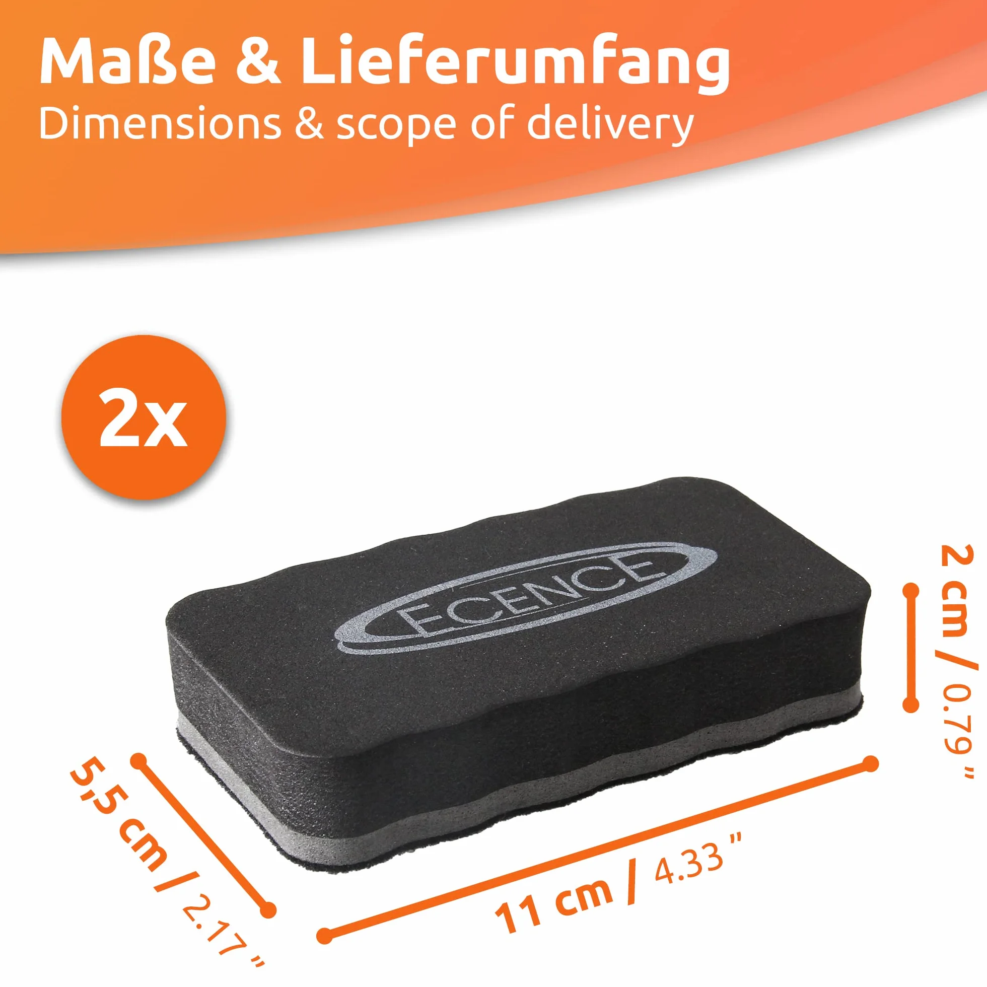 ECENCE Gąbka do tablic suchościeralnych Zestaw 2 sztuk - czyszczenie flipchartów, tablic magnetycznych - czyszczenie na sucho powierzchni metalowych - dokładne czyszczenie, czyste ręce