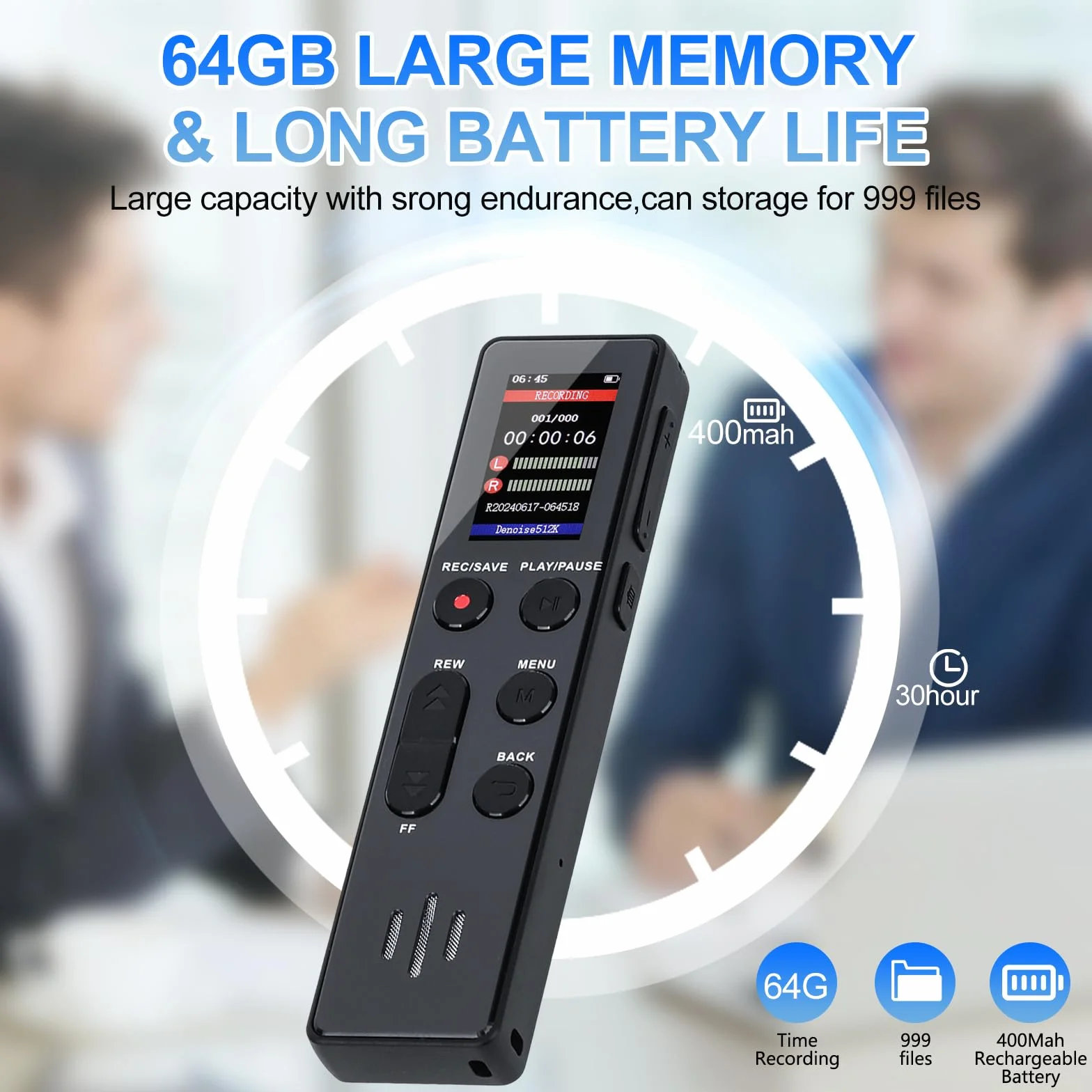 Cyfrowy dyktafon 64 GB, COVVY aktywowany głosem, przenośny rejestrator dźwięku z odtwarzaniem, mini urządzenia do nagrywania HD do rozmowy kwalifikacyjnej/klasy/spotkania