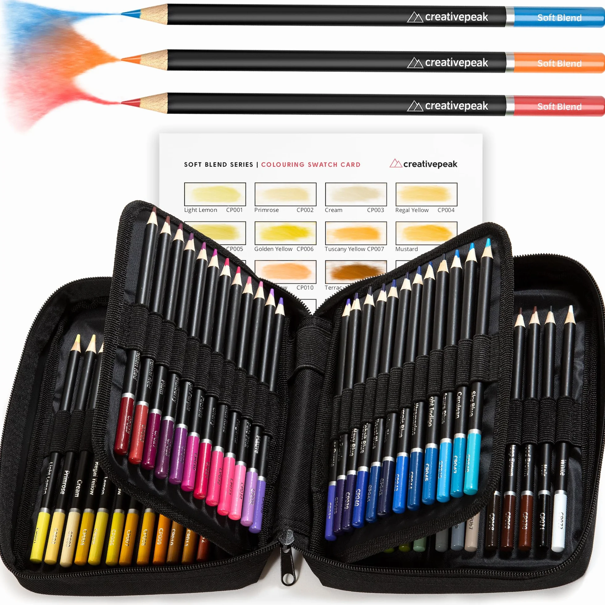 CreativePeak Professional Colouring Pencils - 72 Vibrant Colours + Colour Testing Card + Zip-Up Travel Case - Quality Art Supplies Featuring Soft Wax Cores