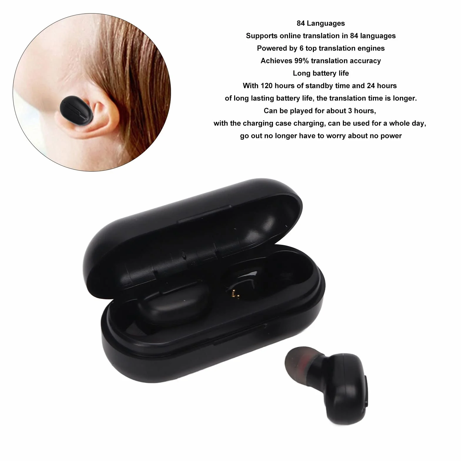 Słuchawki Douszne Tłumacza Bluetooth L13, Obsługa 84 Języków, Dwukierunkowe Tłumaczenie Bezprzewodowe (Czarny)