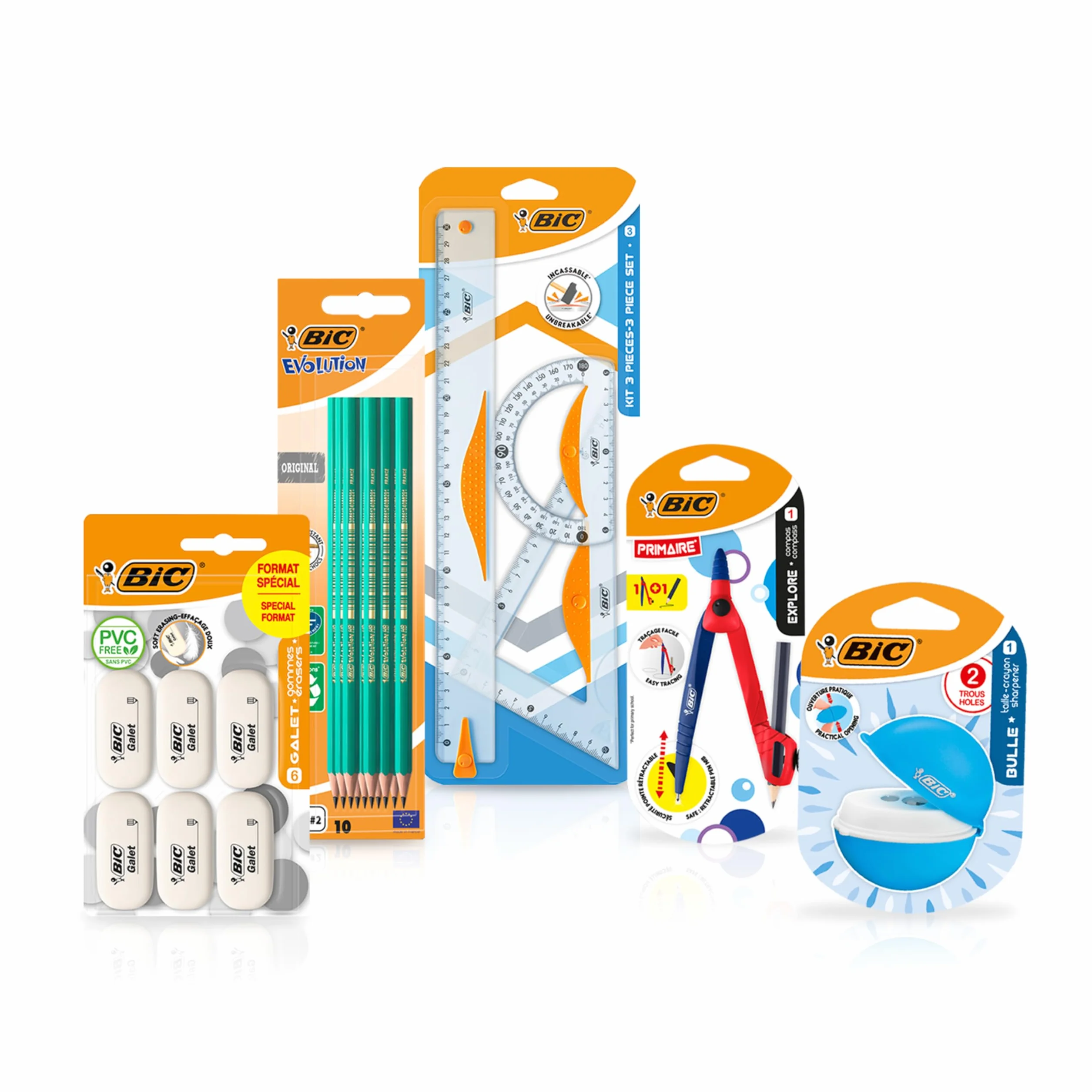 BIC zestaw przyborów szkolnych dla dzieci z 1 kompasem do nauki, 3 instrumenty geometryczne, 10 ołówków grafitowych, 1 temperówka i 6 gumkami - opakowanie 21 sztuk