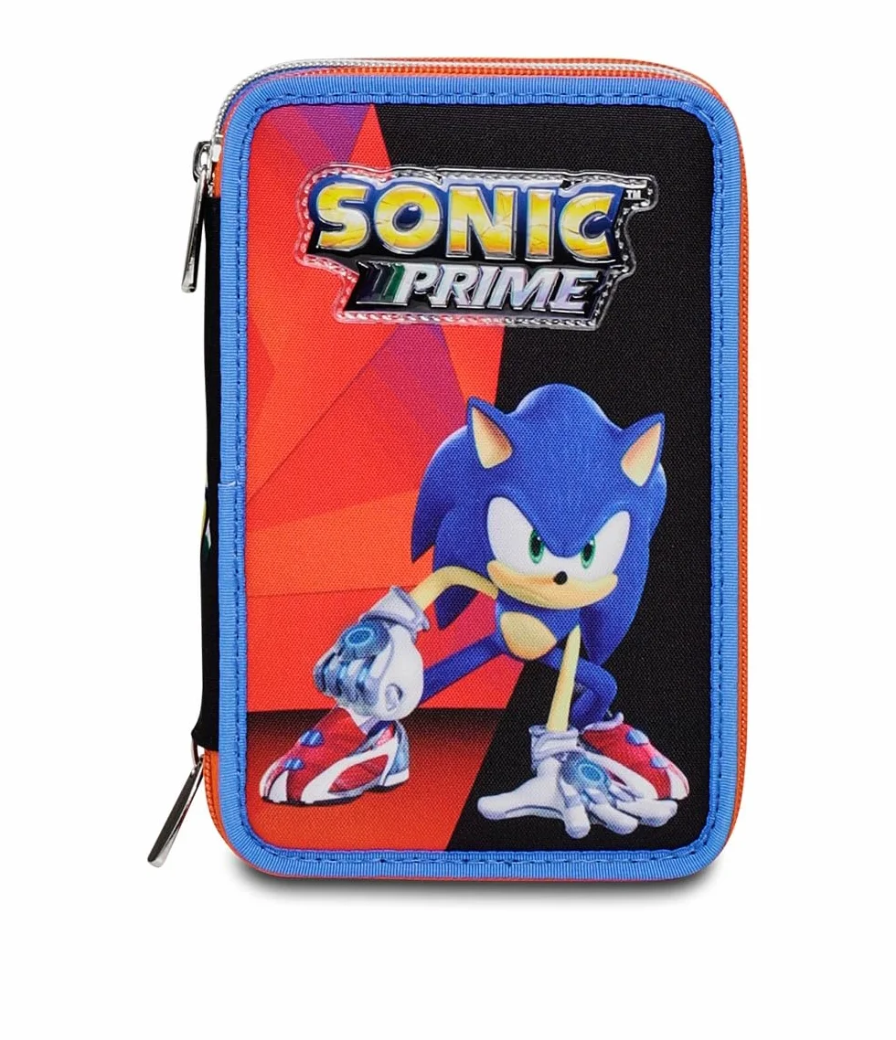 Sonic piórnik 3 przegródki niebieski czerwony zestaw 43 sztuki przybory szkolne