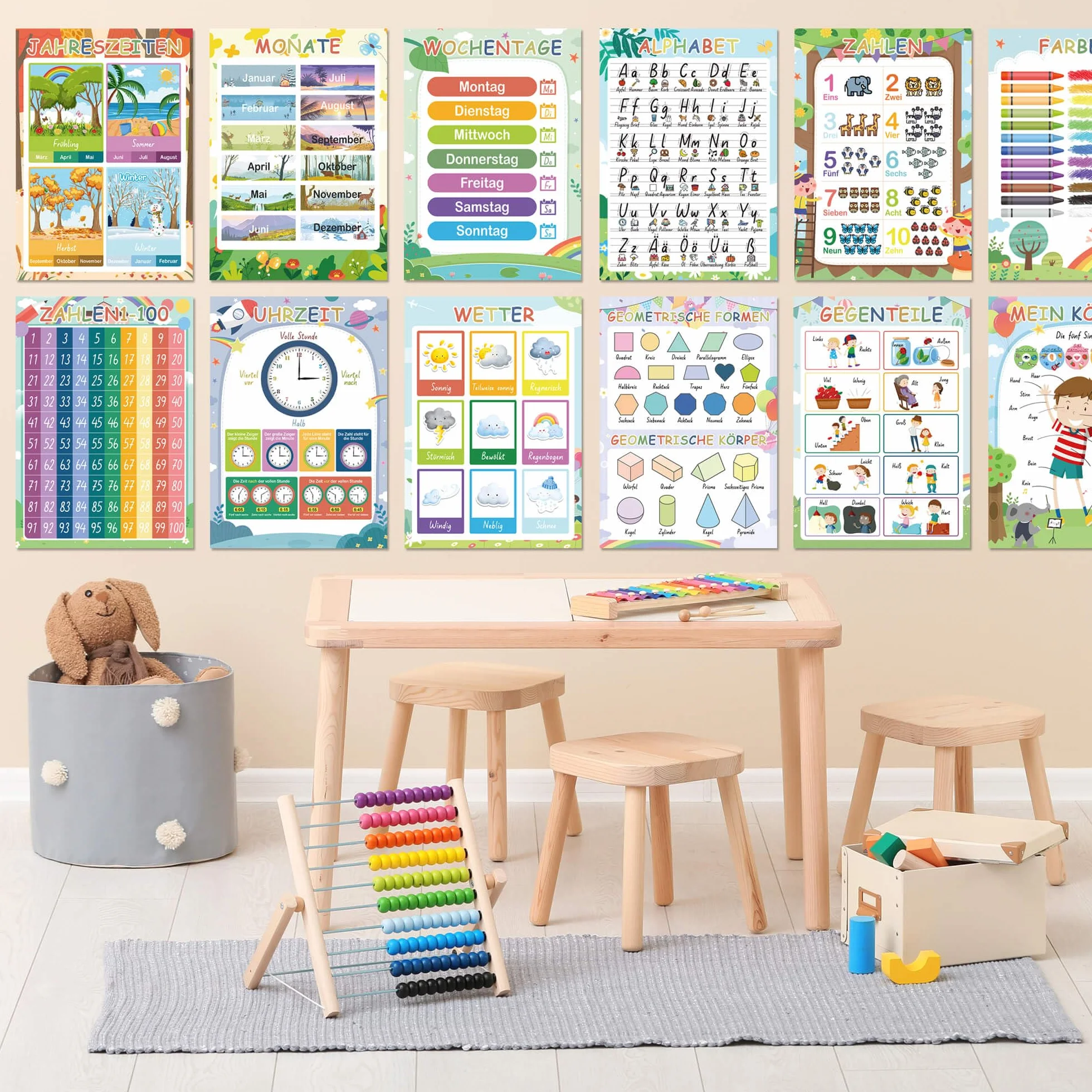 BIROYAL Montessori 16 Edukacyjnych Plakatów A4, ABC dla Dzieci, Gruby Papier Laminowany, Alfabet, Edukacyjny do Szkoły Podstawowej, Piktogramy