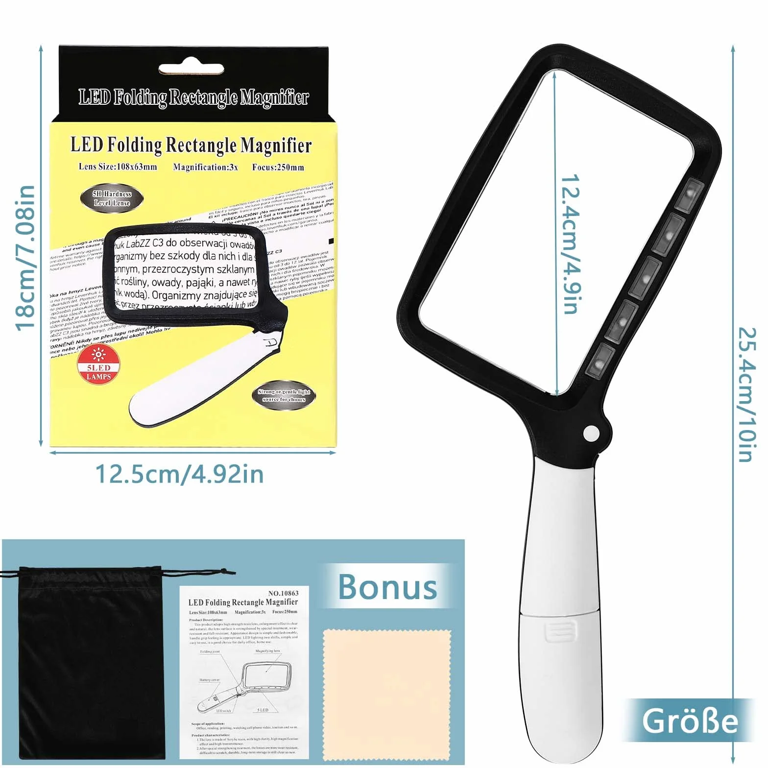 Lupa do czytania, 3 x duża lupa oświetleniowa z 5 składanymi światłami LED, idealna z 2 trybami dla seniorów, dzieci, hobby, rzemiosła, zegarmistrzów