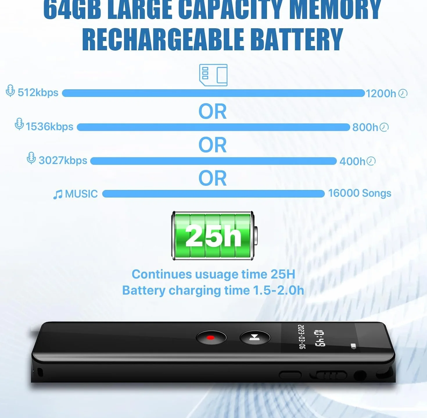 64 GB Digital Voice Recorder, aktywacja głosem, nagrywanie One-Touch Recording 3072 Kbps, dyktafon z odtwarzaniem, redukcją szumów, nagrywanie dźwięku na spotkania/wywiady/zajęcia
