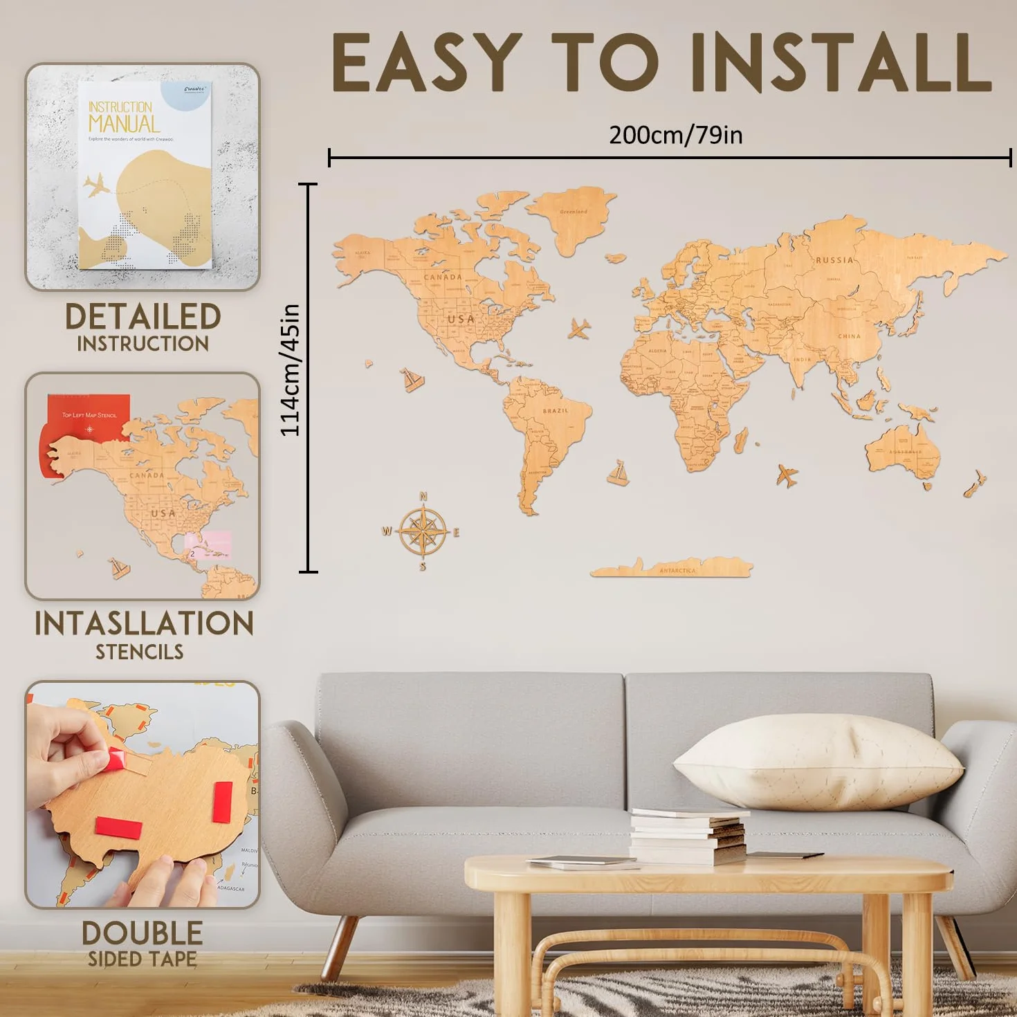 Creawoo Mapa Mundi Duża drewniana ściana Mapamundi z naturalnego drewna dekoracja ścienna do salonu biurowego, sypialni -200x114 CM Mapamundi Art Wall Decor