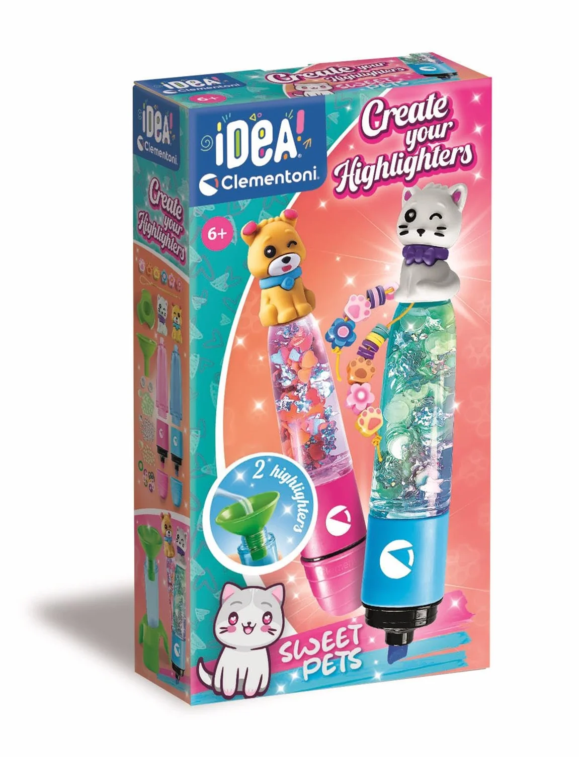 Clementoni Idea – Create Your Highlighters: Sweet Pets – laboratorium do spersonalizowanych zakreślaczy, kreatywny zestaw dla dzieci od 6 lat, z 2 spersonalizowanymi zakreślaczami z akcesoriami, 18875