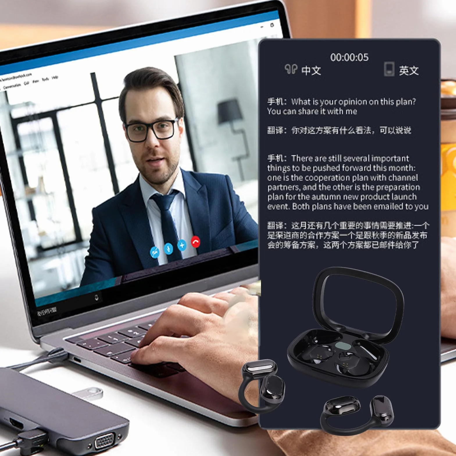 Tłumacz Słuchawki w Czasie Rzeczywistym, Tłumacz Języka na Wkładkach Dousznych, Urządzenie Tłumacze z Słuchawkami Aplikacji Bluetooth z obudową do ładowania Muzyki i Połączenia