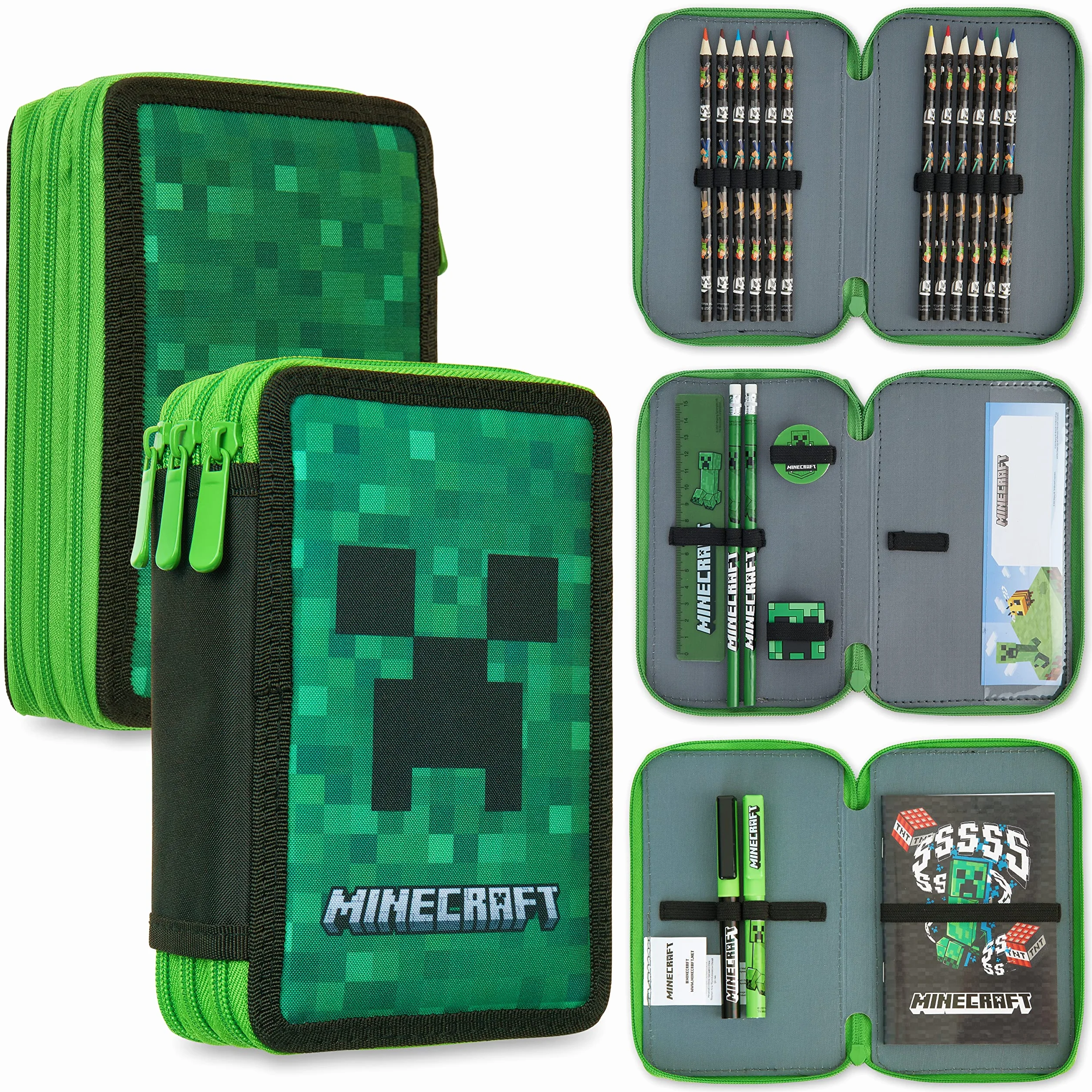 Minecraft Wypełniony piórnik dla dzieci z wieloma przegródkami, w zestawie artykuły papiernicze - przybory szkolne (zielony pnącze)