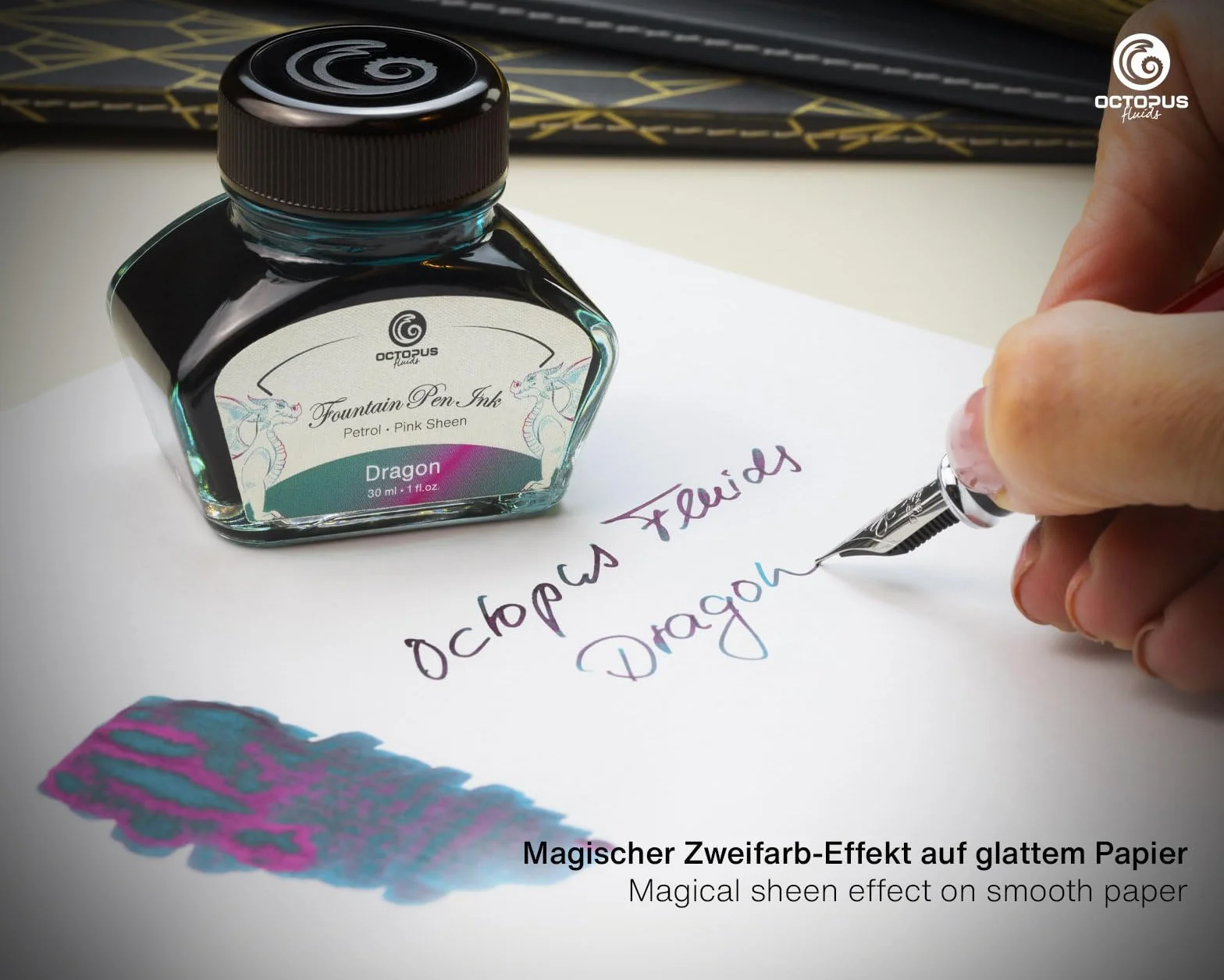 Octopus Fluids Dragon Sheen Ink, atrament do piór wiecznych w kałamarzu, atrament Sheen, petrol, 30 ml, Smok