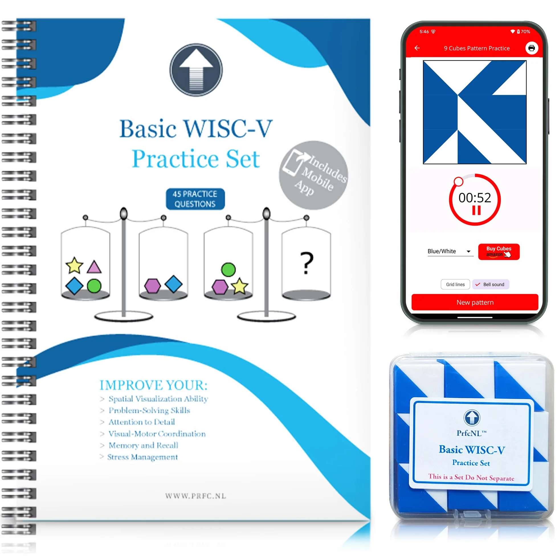 PrfcNL Basic WISC-V zestaw do ćwiczeń – 45 pytań praktycznych, z 9 niebiesko-białymi kostkami i aplikacją mobilną, idealny do wprowadzenia do testów IQ, przygotowania BDT, edukacyjnego prezentu STEM