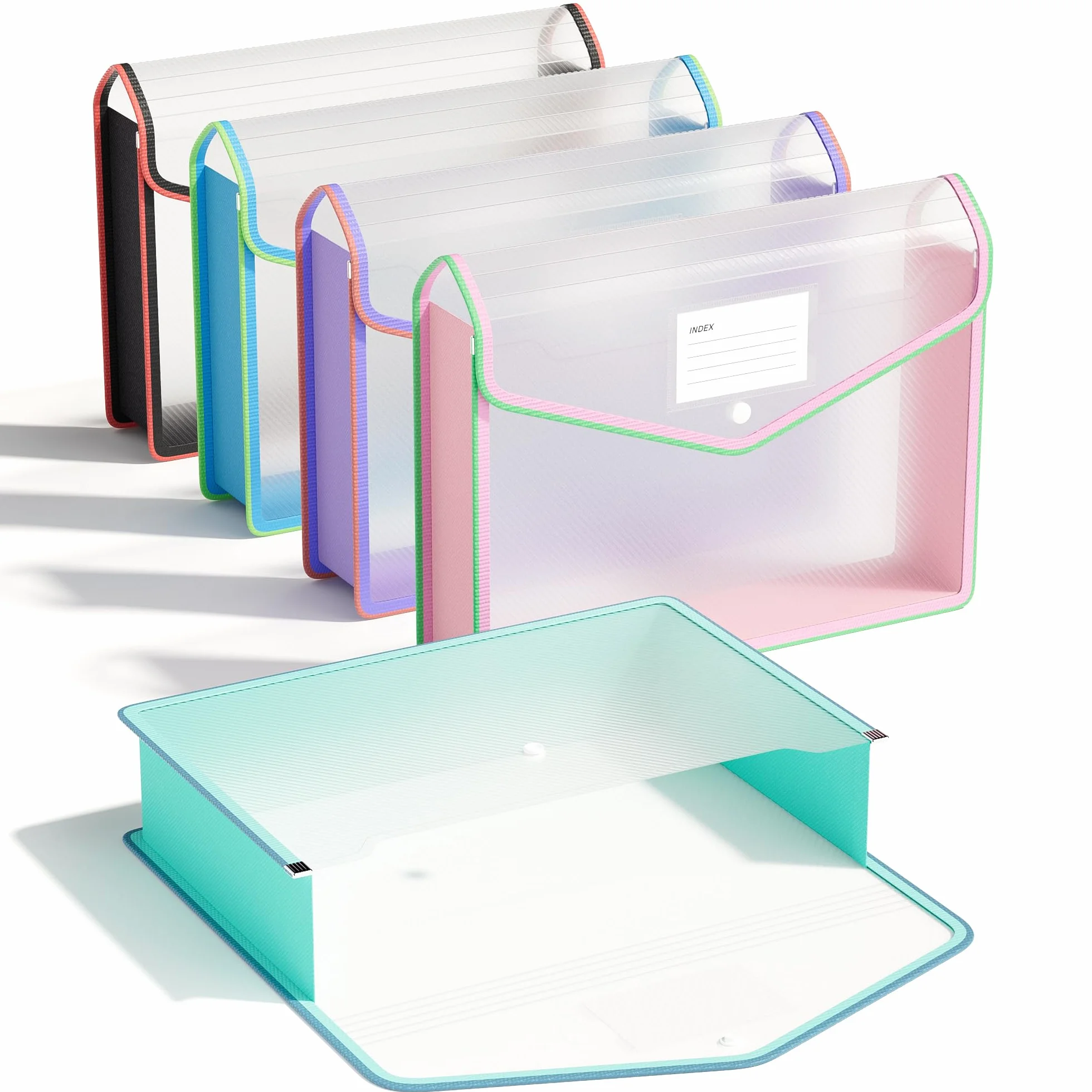 ThinkTex Plastikowa teczka na dokumenty A4, 5 szt., przezroczyste koperty z zapięciem na zatrzask, bez przegródek, duża pojemność, różne kolory, do szkoły, biura, domu (przezroczysta)