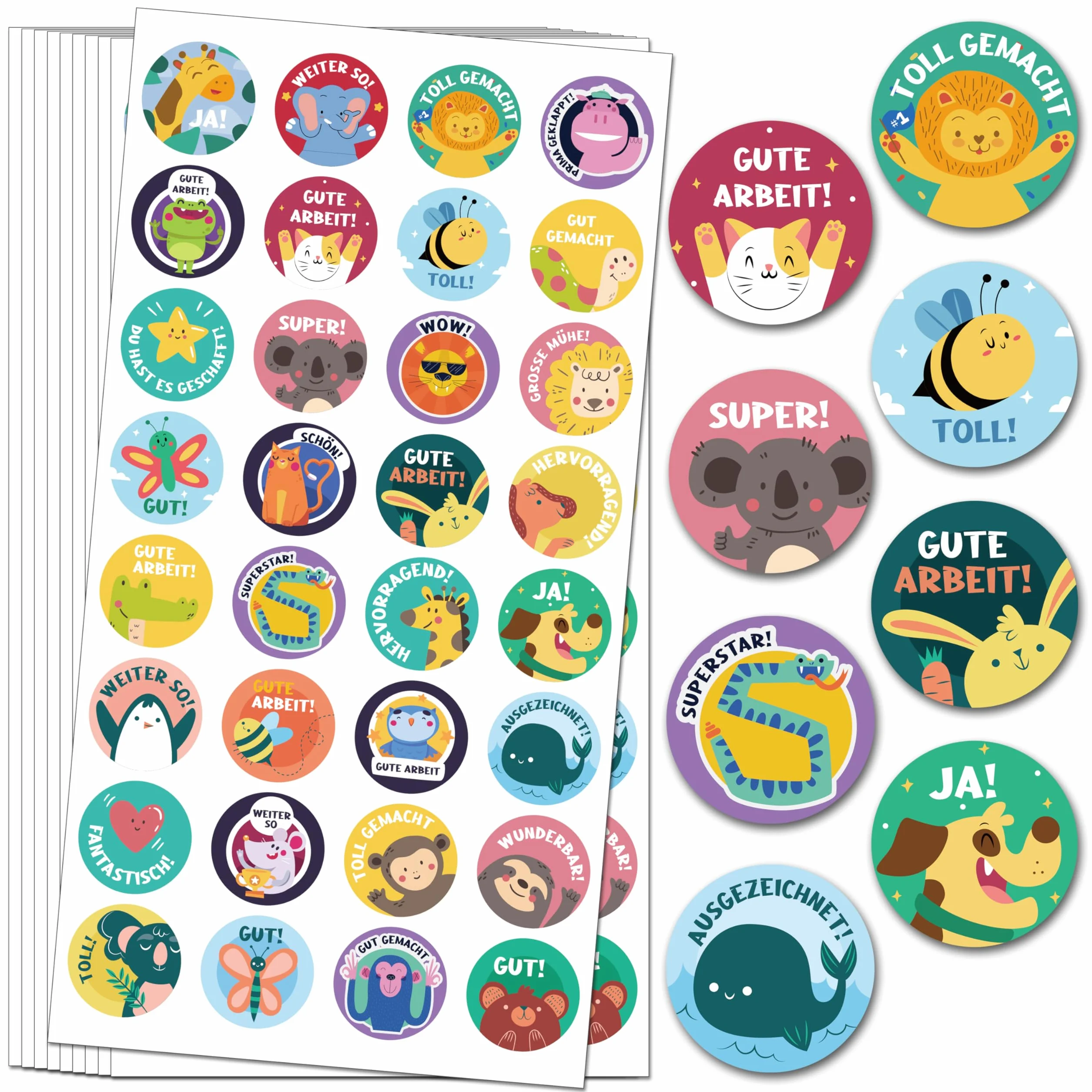 1600 sztuk naklejek motywacyjnych dla dzieci, 25 mm, 32 wzory, samoprzylepne naklejki nagrody, niemieckie naklejki nagrody Reward Stickers naklejki na zwierzęta w zoo na artykuły dla nauczycieli