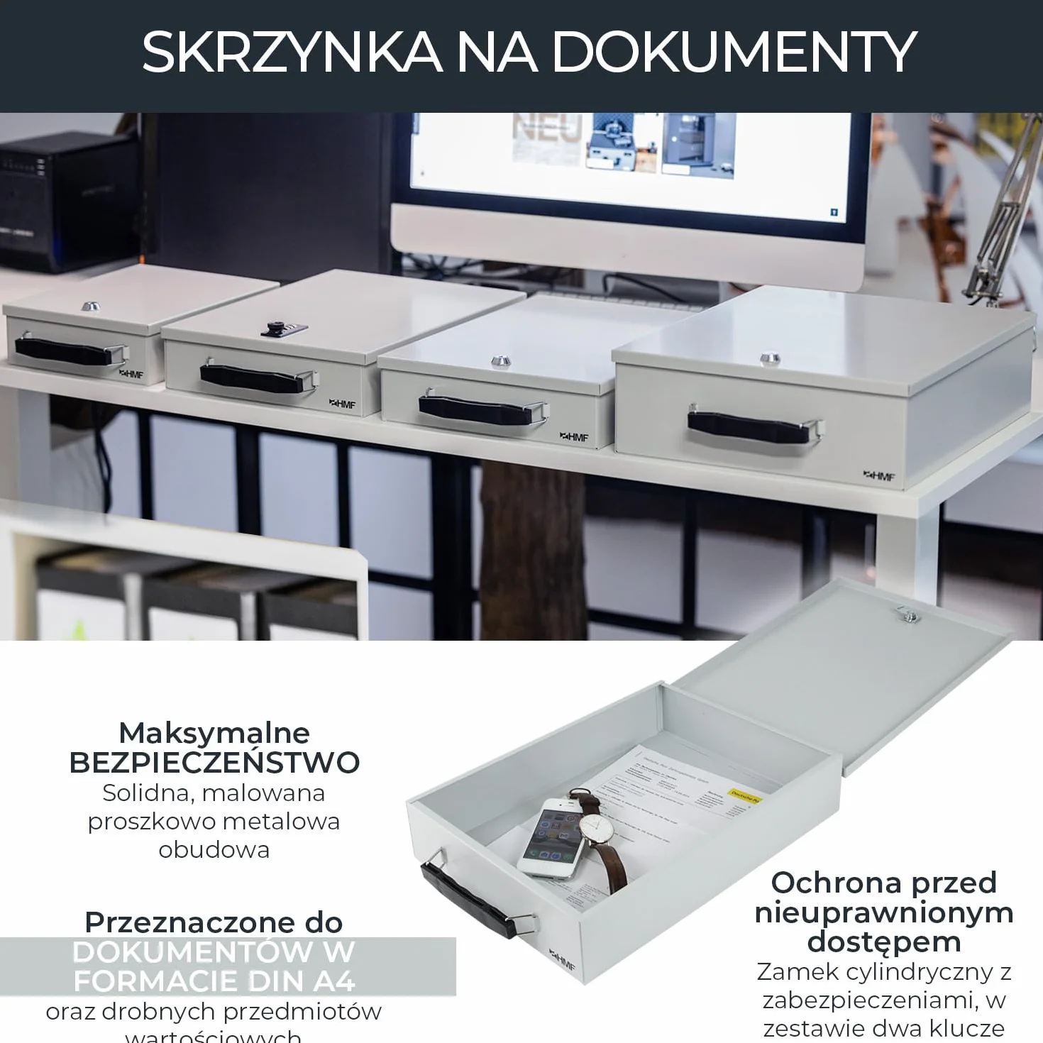 HMF 141-07 zamykana kasetka na dokumenty DIN A4 37,5 x 26,5 x 8 cm