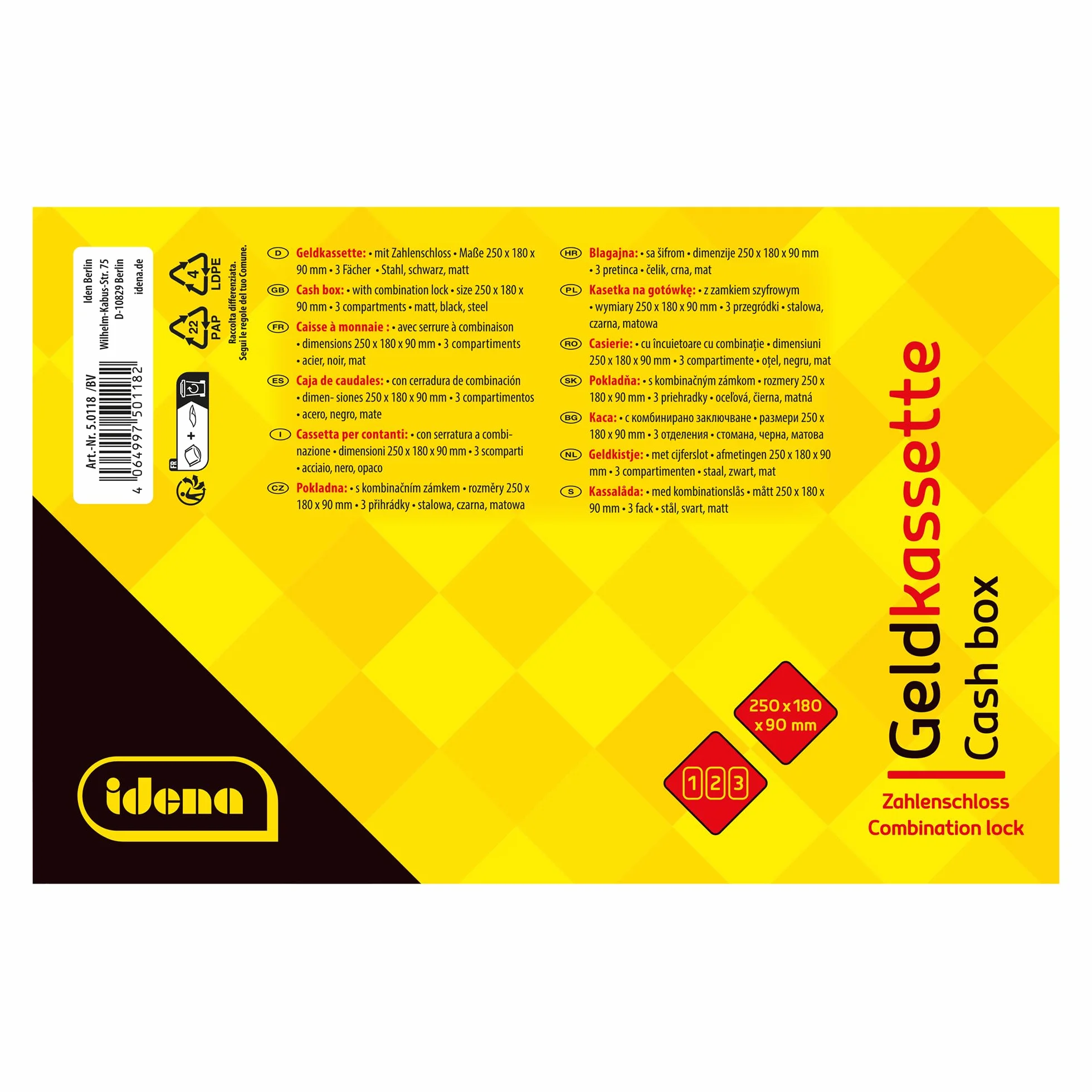 Idena 50118 - Kasetka na pieniądze z 3-cyfrowym zamkiem szyfrowym, ok. 25 x 18 x 9 cm, kasetka na pieniądze wykonana z czarnej stali, z wkładką na twarde pieniądze