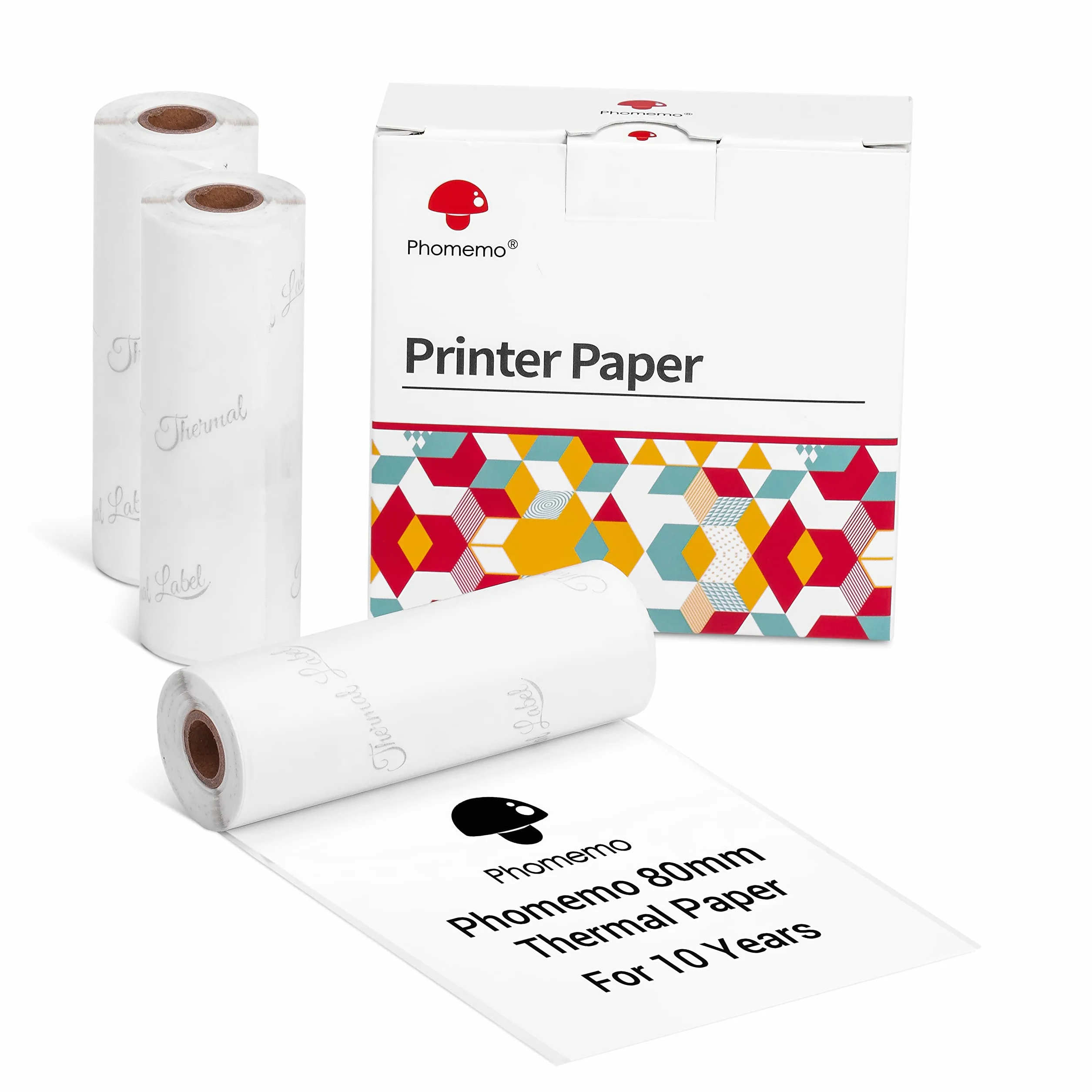 Phomemo M03/M03AS/M04S/M04AS 80mm Drukarka papierowa, 3 rolki samoprzylepnego papieru samoprzylepnego, czarny na białym do przenośnej drukarki Phomemo M03/M03AS/M04S/M04AS 80mm x 3,5m, 10 lat
