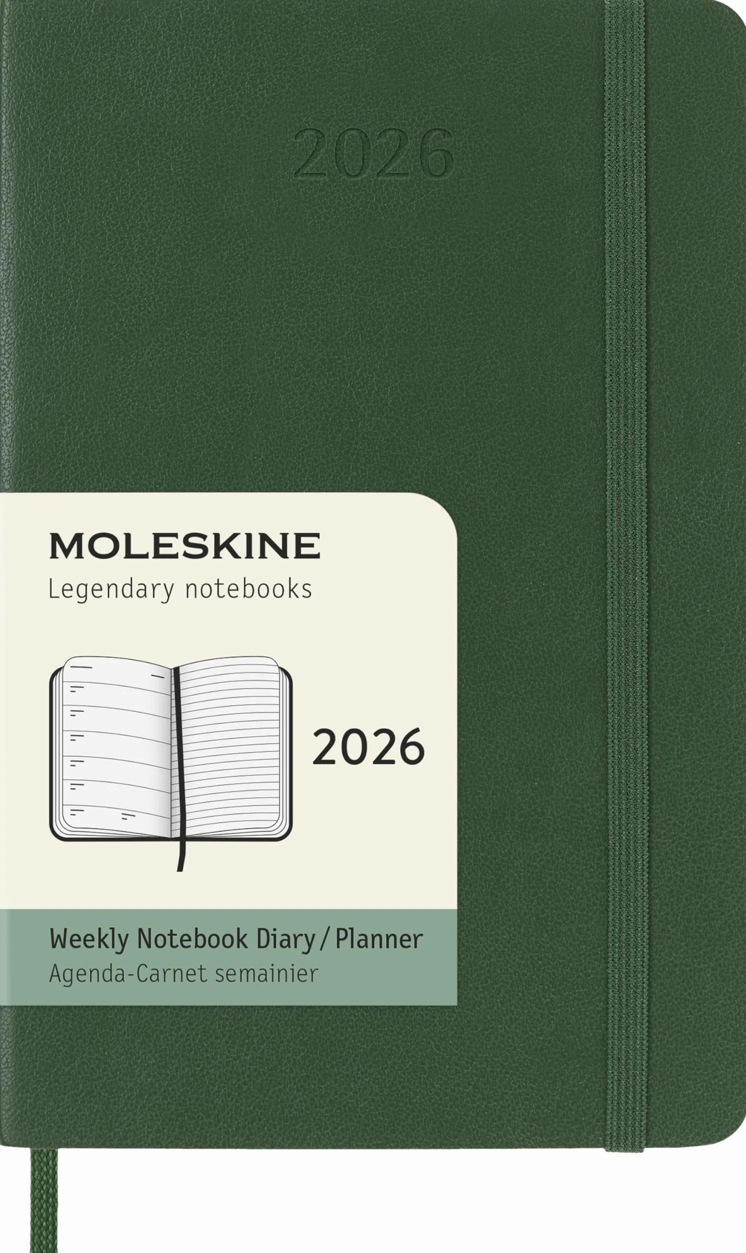 Moleskine 12 Monate Wochen Notizkalender 2026, Pocket/A6, 1 Wo = 1 Seite, rechts linierte Seite, Weicher Einband, Myrtengrün