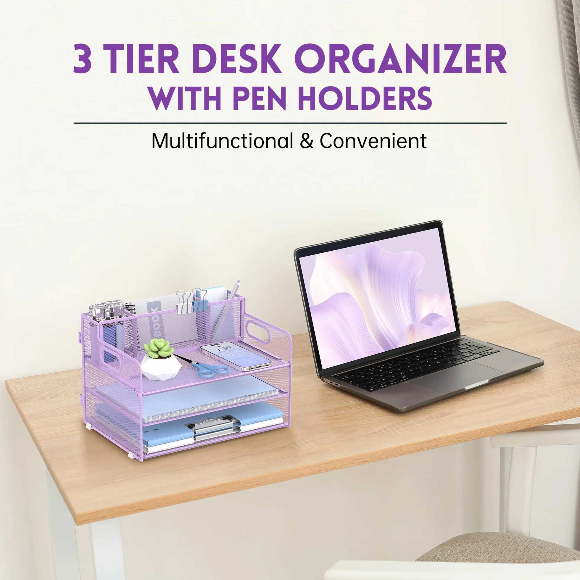 SUPEASY 3 Tier Desk Organizer with Handle & 3 Pen Holders, Mesh Paper/File Organizer for Desk, Paper Letter Tray Organizer for Office Supplies (Light Purple)