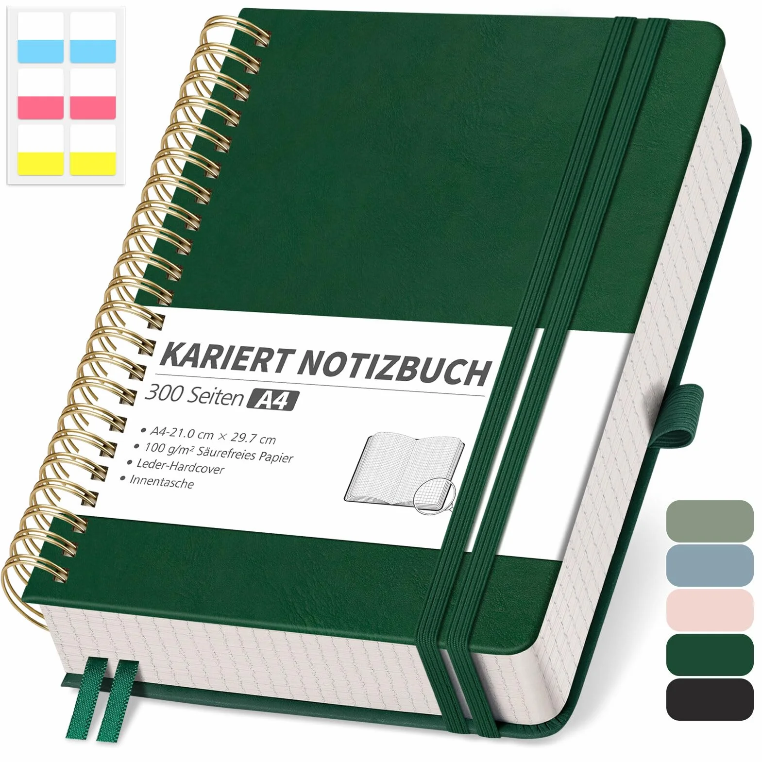 RETTACY Notatnik A4 w kratkę, Bullet Journal z 100 g/m² papierem, 150 kartek, zeszyt szkolny i biurowy, okładka z ekoskóry, ciemnozielony, 21 cm x 29,7 cm
