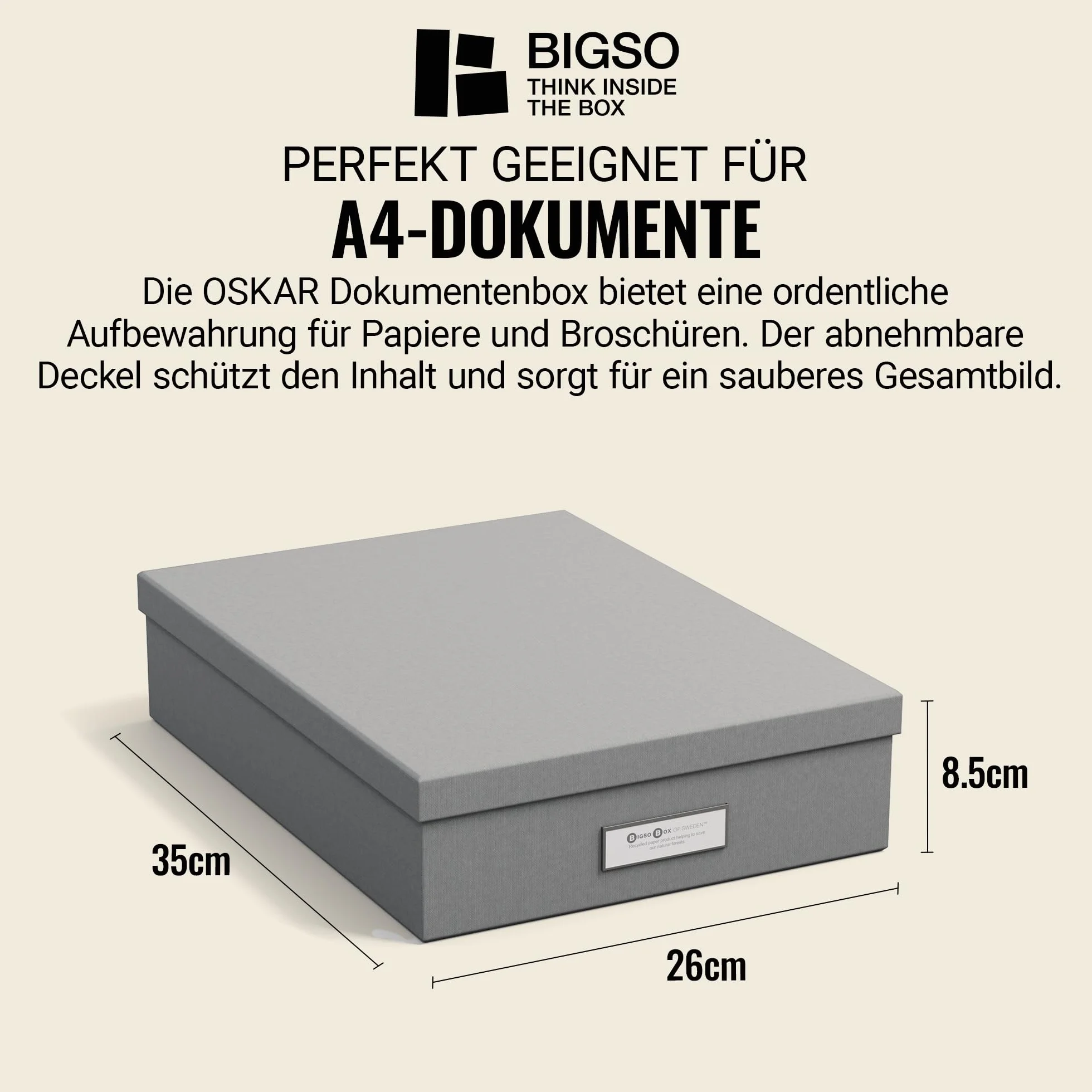 Bigso Box of Sweden OSKAR Pudełko na dokumenty A4, broszury itd. – półka na biurko z pokrywką i uchwytem – pudełko do przechowywania z płyty pilśniowej i papieru – szare