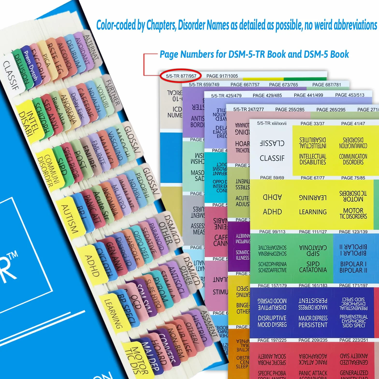 2022 Nowe zakładki indeksowe DSM-5-TR, oznaczone kolorami i laminowane zakładki DSM-V TR, w tym 18 pustych, z prowadnicą wyrównania i zakładką
