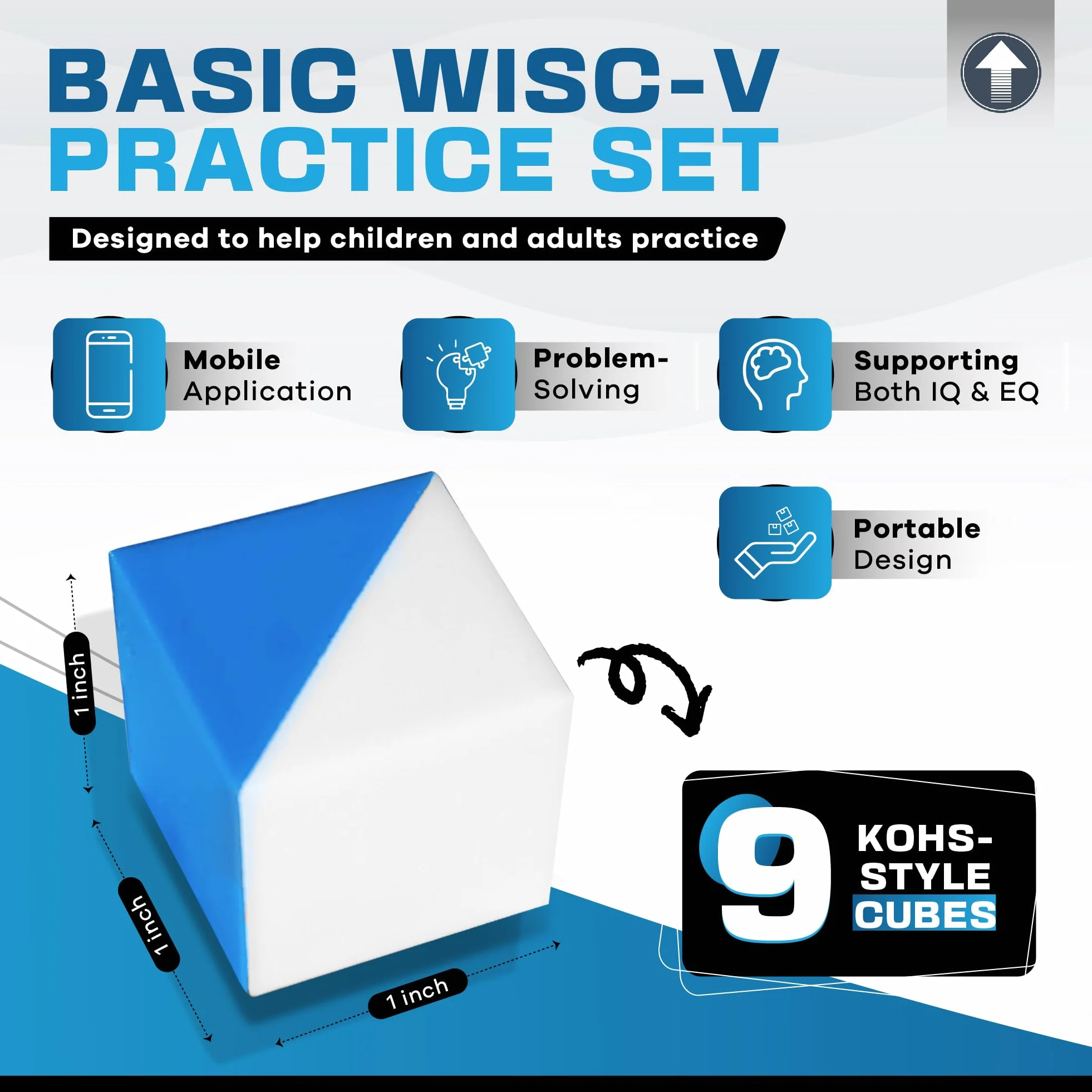 PrfcNL Basic WISC-V zestaw do ćwiczeń – 45 pytań praktycznych, z 9 niebiesko-białymi kostkami i aplikacją mobilną, idealny do wprowadzenia do testów IQ, przygotowania BDT, edukacyjnego prezentu STEM