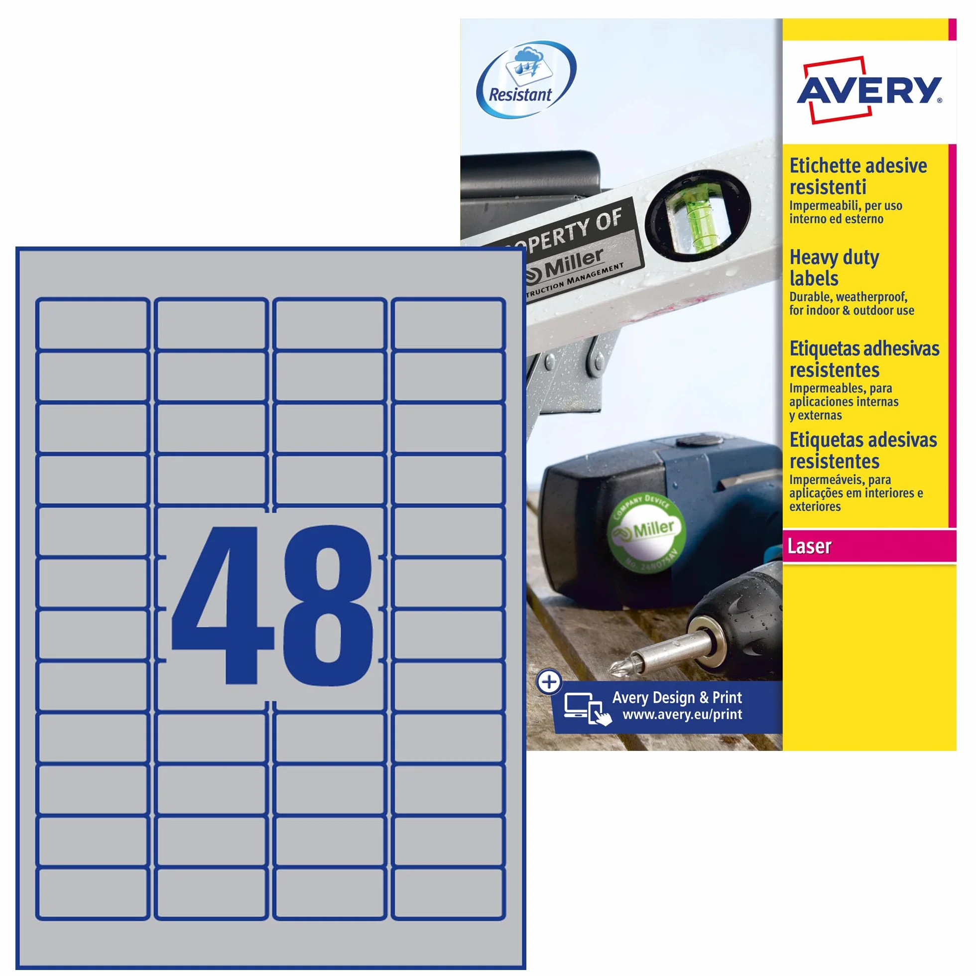 Avery L6009-20 etykiety samoprzylepne srebrne 48 na arkusz A4 45,7 x 21,2