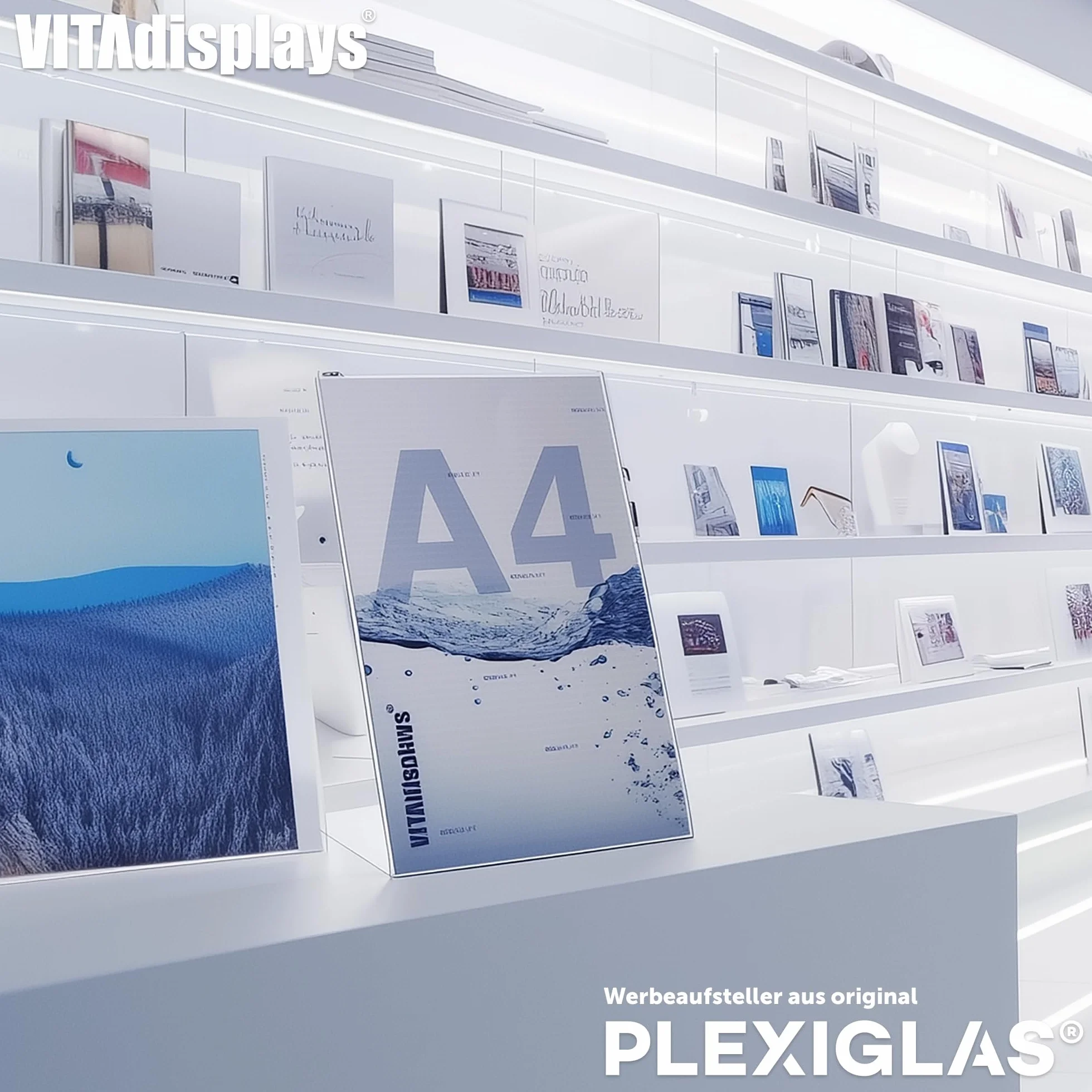 VITAdisplays® stojak DIN A4 L/stojak reklamowy, ukośny, szkło akrylowe, przezroczysty