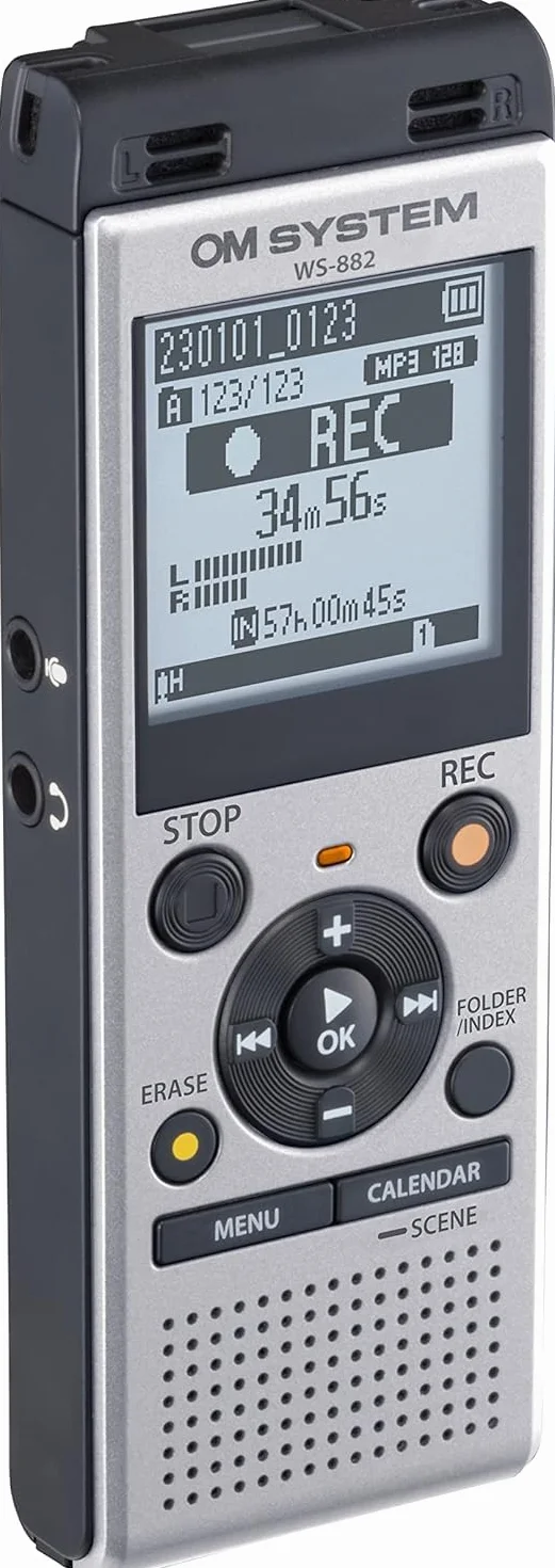OM SYSTEM WS-882 Wysokiej jakości dyktafon cyfrowy z mikrofonami stereofonicznymi, 6 programami nagrywania, bezpośrednim połączeniem USB, zintegrowaną podstawką i 4 GB pamięci, VCVA