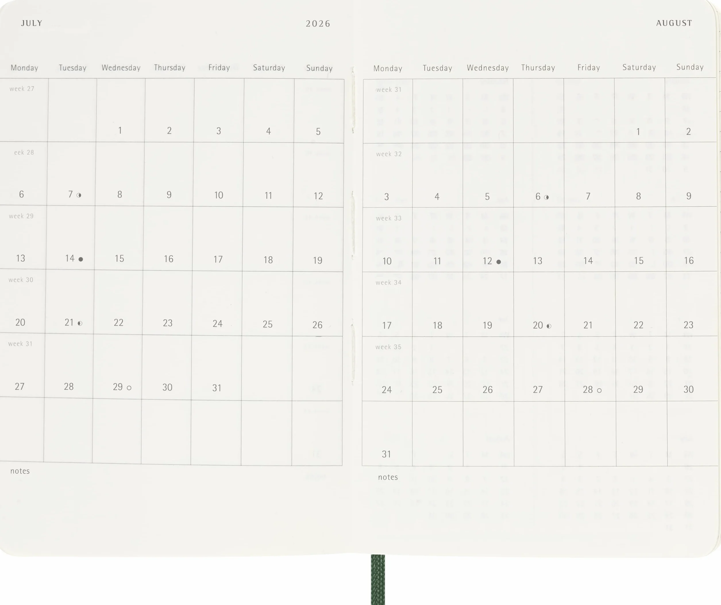 Moleskine 12 Monate Wochen Notizkalender 2026, Pocket/A6, 1 Wo = 1 Seite, rechts linierte Seite, Weicher Einband, Myrtengrün