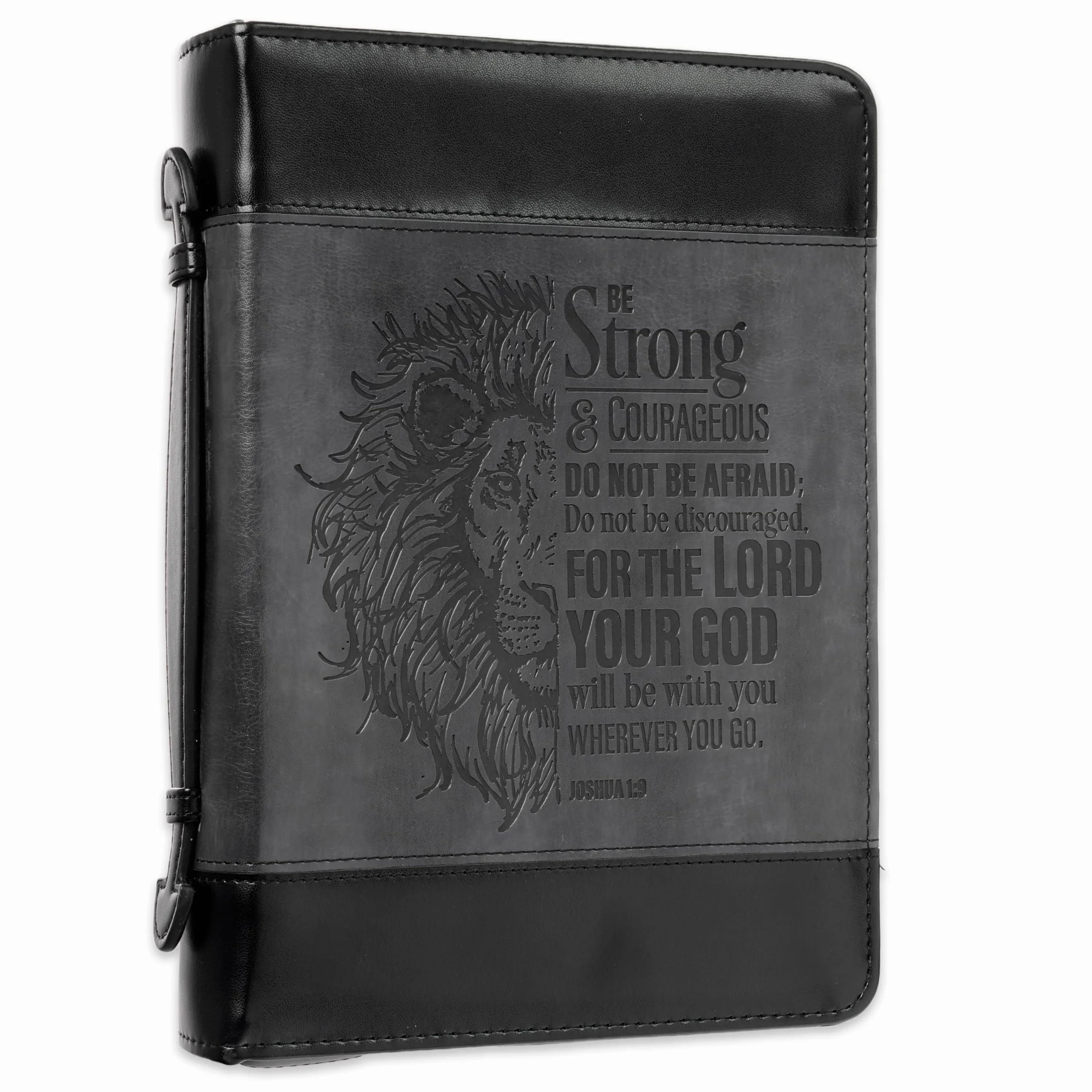 Christian Art Gifts Klasyczna okładka biblijna ze sztucznej skóry dla mężczyzn i kobiet: Be Strong and Courageous - Joshua 1:9 inspirujący werset biblijny z lwem, szary i czarny, rozmiar L