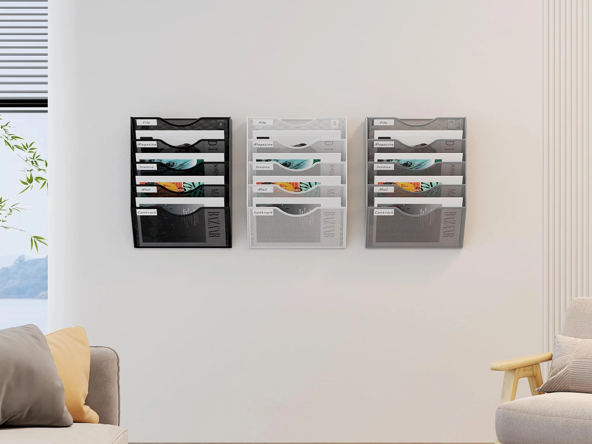 EasyPAG Uchwyt Ścienny na Dokumenty A4 5 Przedziały Metal Siatka,Wiszący Organizer na Dokumenty,Ścienny Stojak na Pocztę,Przechowywanie Czasopism do Biura & Domu,Czarny
