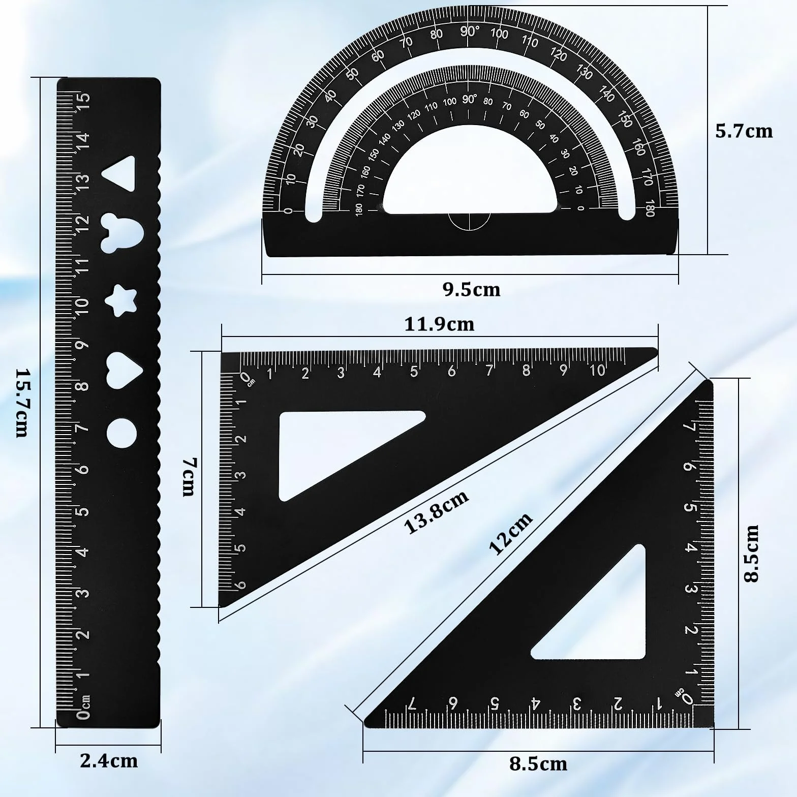 Zestaw 4 linijek ze stopu aluminium, kątomierz, trójkąt, architekt, linijka, zestaw linijek matematycznych, geometrycznych, dla uczniów, nauczycieli, inżynierów i rysowników (czarny)