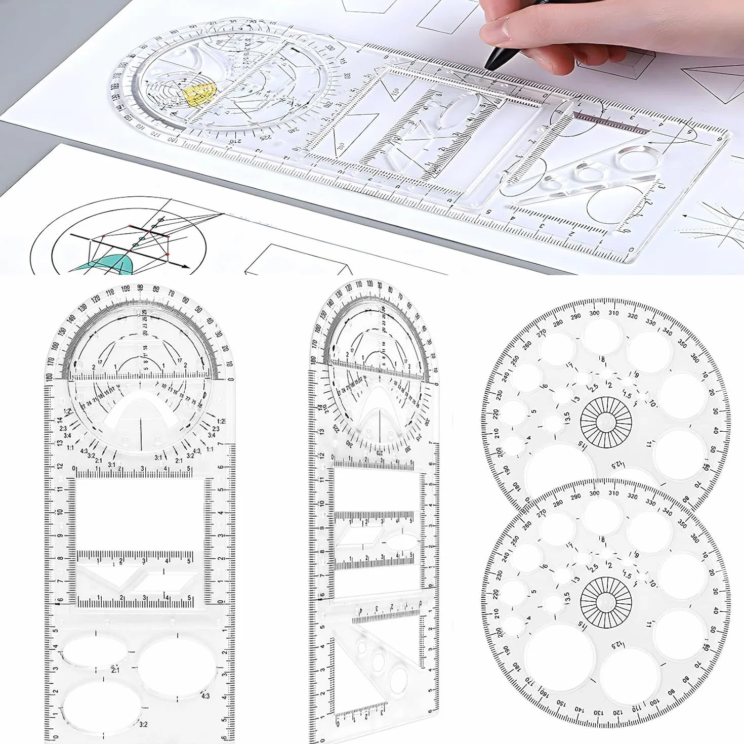 Zestaw 4 wielofunkcyjnych linijek geometrycznych, 2 metry trójkątne, 2 szablony okrągłe 360 stopni, geometryczny szablon do rysowania, narzędzie pomiarowe