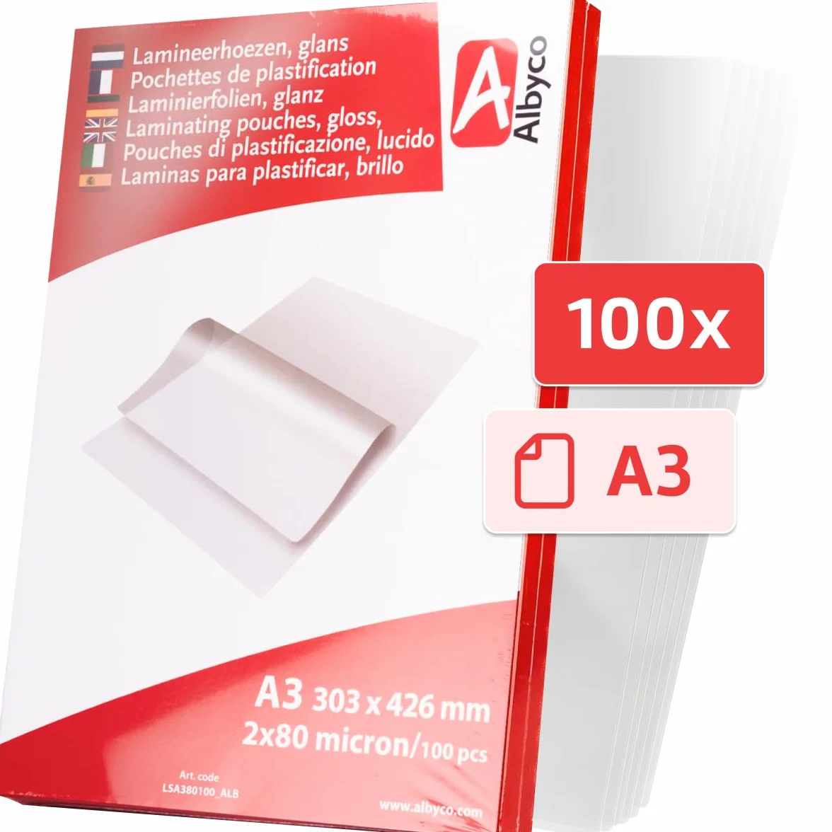 Albyco AMLSA380100 Folia do Laminowania, Przezroczysty, A3 (2x80 sztuk)