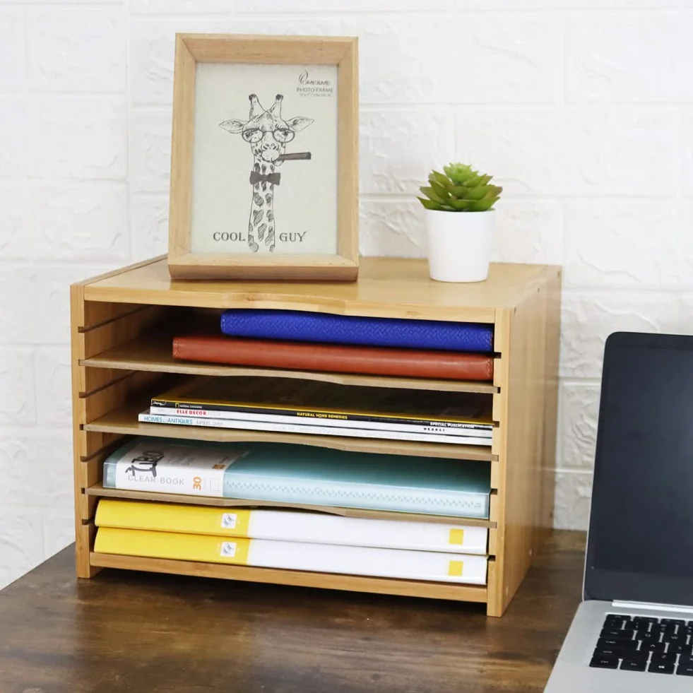 WKWKER Bambusowa Taca Na Listy Z 3 Regulowanymi Półkami Organizer Na Biurko, 3-poziomowa Taca Na Papier Do Biura, Domu, Gabinetu, Przechowywania Na Biurku (Kolor Naturalny)