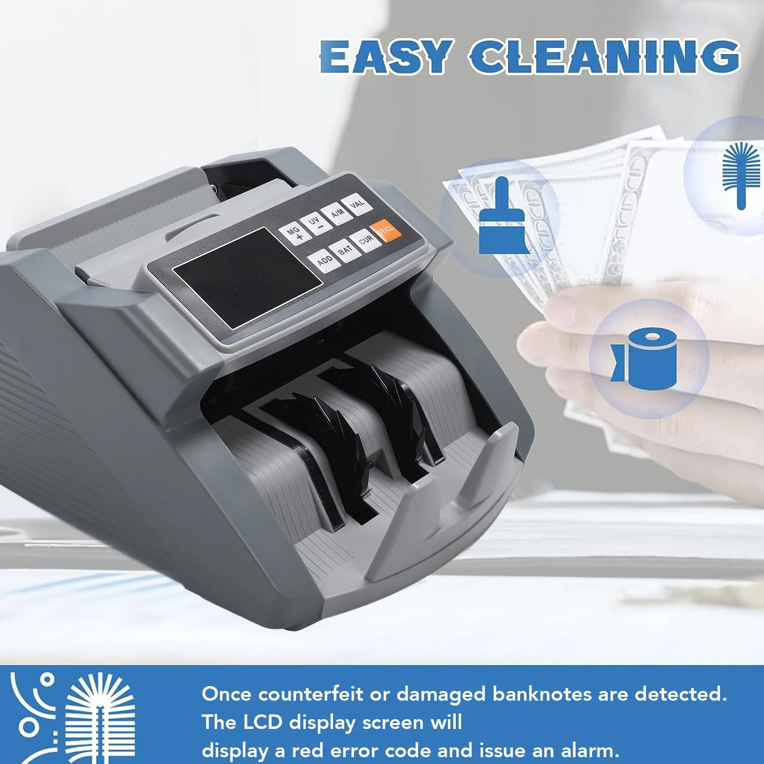 Liczarka Pieniędzy z Licznikiem Wartości, Wykrywaniem Fałszerstw MG/UG/IR Licznik Banknotów, Wyświetlacz LCD Dolar Euro CHN Tryby Dodawania i Partii Licznik Gotówkowy (Wtyczka UE)