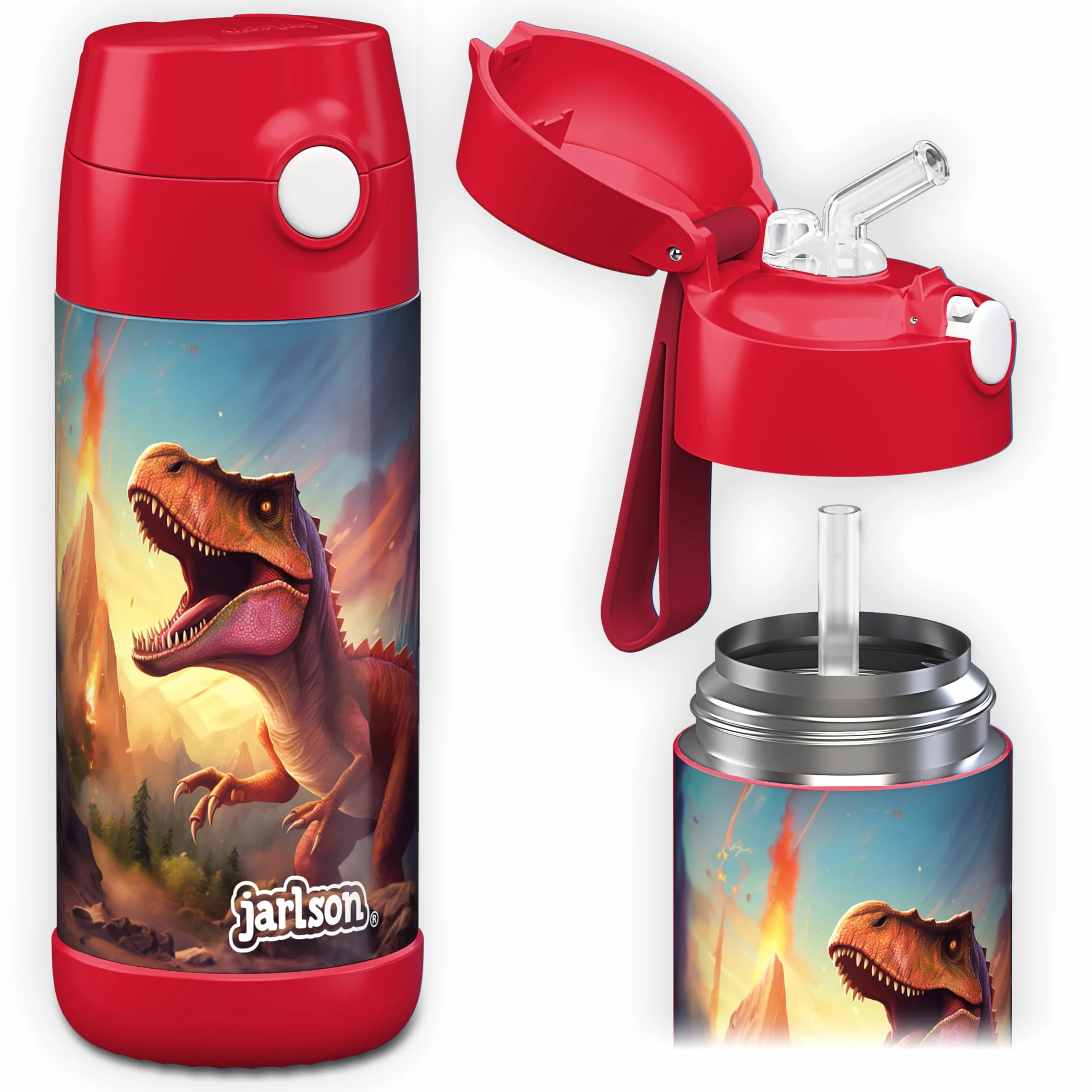 JARLSON® Butelka do picia dla dzieci, stal nierdzewna, ze słomką, 350 ml, certyfikat TÜV, nie zawiera BPA, szczelna, termiczna butelka na wodę do szkoły, przedszkola, dinozaur 2.0, 350 ml