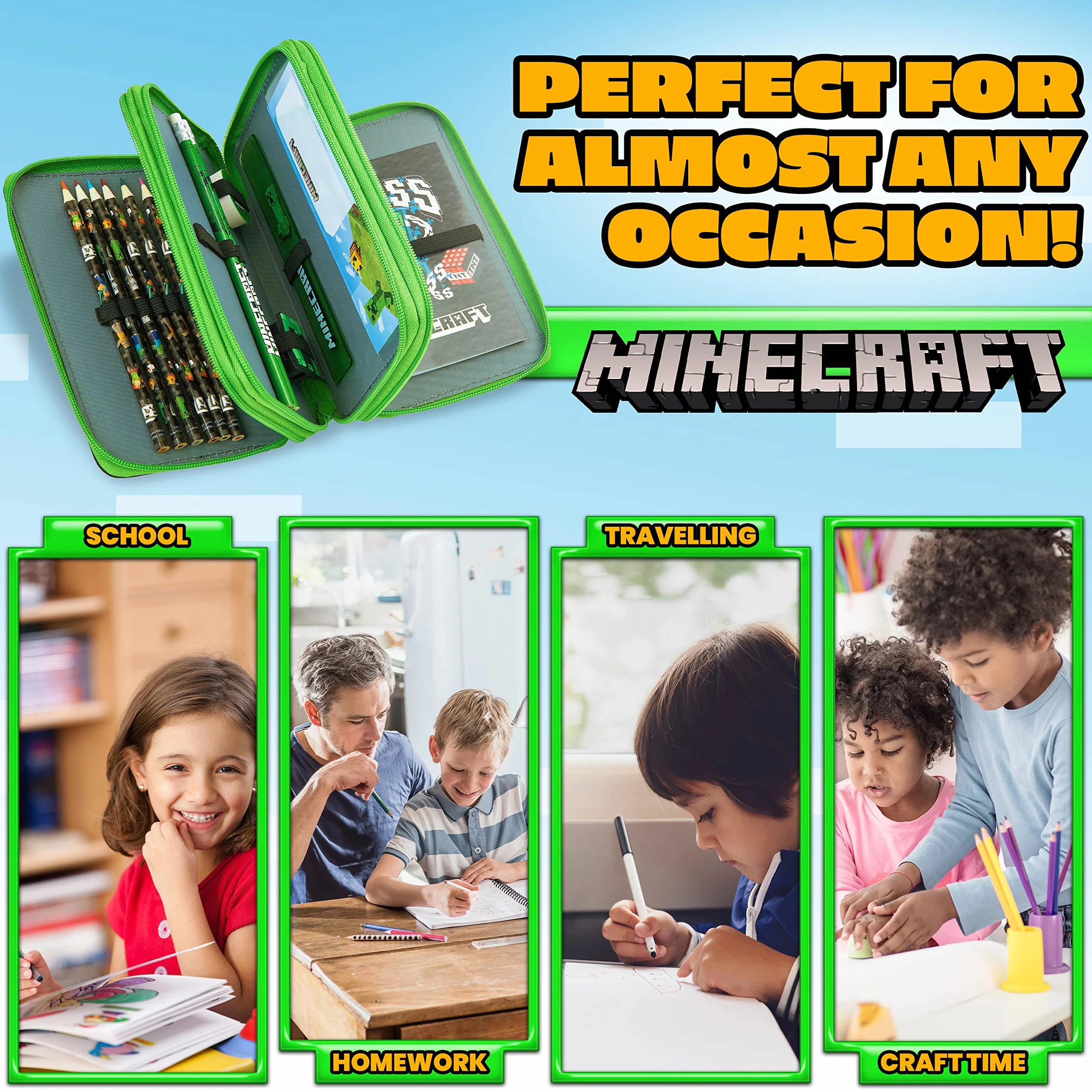 Minecraft Wypełniony piórnik dla dzieci z wieloma przegródkami, w zestawie artykuły papiernicze - przybory szkolne (zielony pnącze)