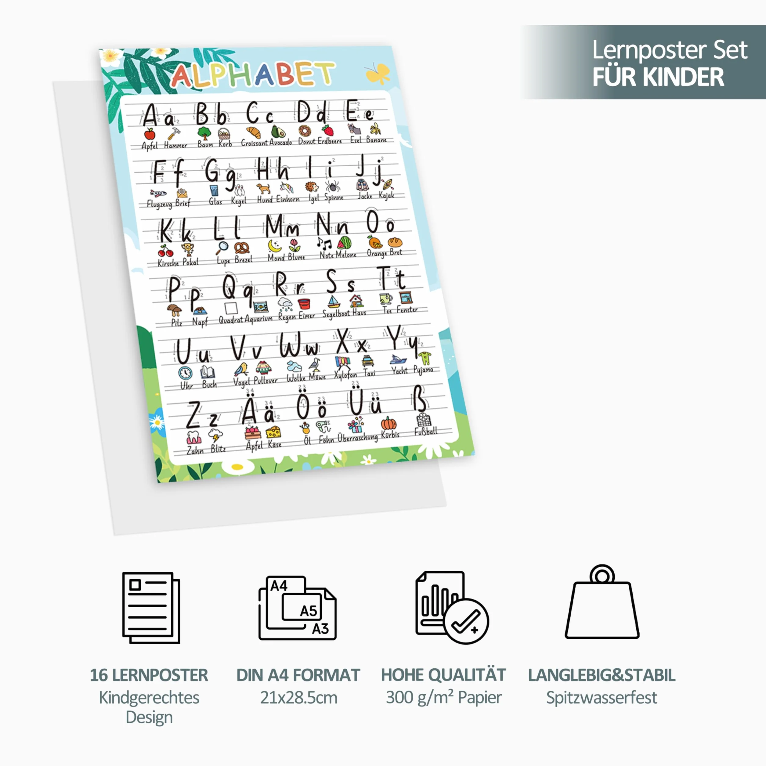 BIROYAL Montessori 16 Edukacyjnych Plakatów A4, ABC dla Dzieci, Gruby Papier Laminowany, Alfabet, Edukacyjny do Szkoły Podstawowej, Piktogramy
