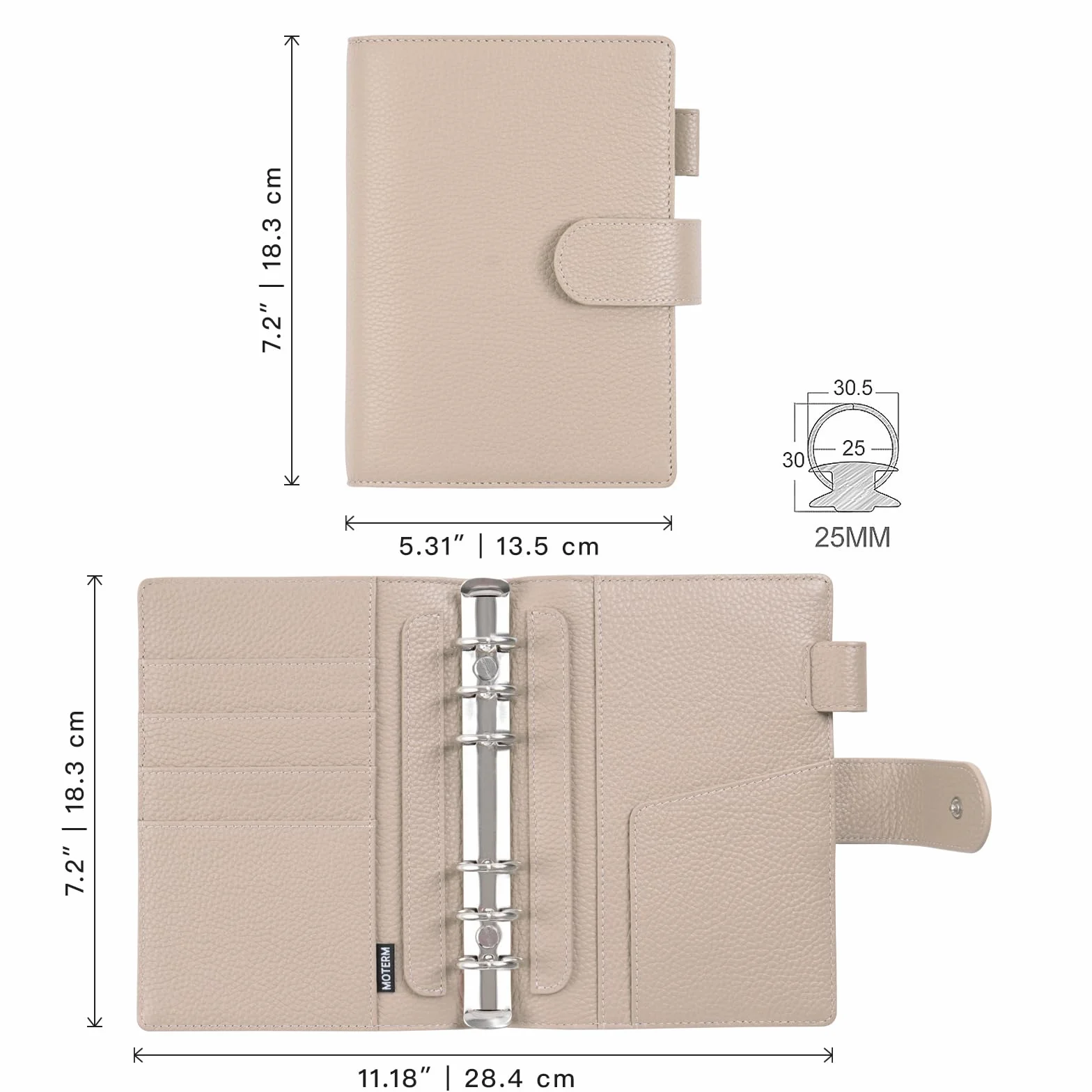 Moterm Elite Personal Rings planer organizer z prawdziwej skóry 25 mm żwirowo-taupe