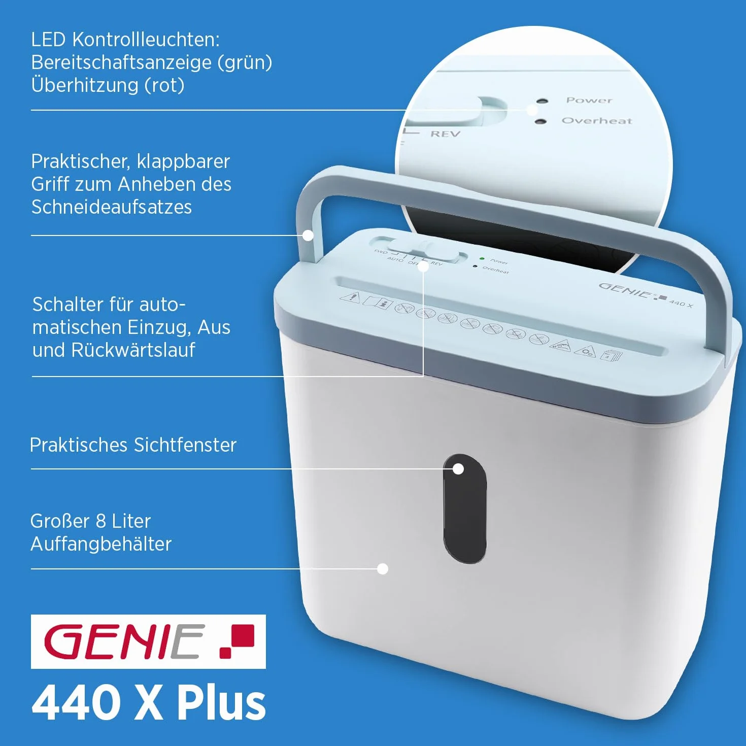 GENIE 440 x niszczarka dokumentów, cięcie cząstek 4 x 38 mm, poziom bezpieczeństwa P-4, cicha praca 72 dB, kompaktowa i mobilna niszczarka, automatyczna funkcja start/stop, zabezpieczenie przed