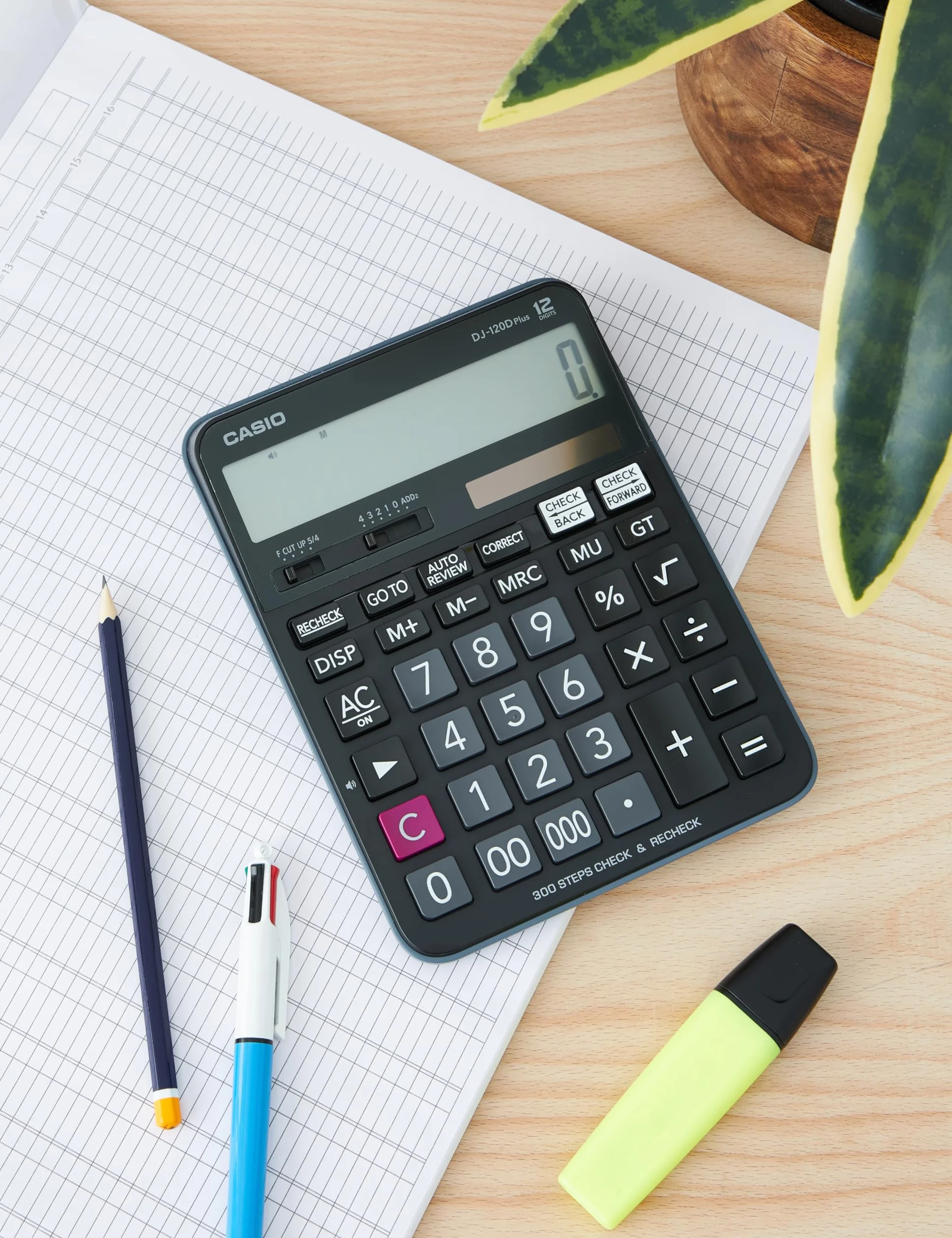 CASIO Kalkulator biurkowy DJ-120DPLUS, 12-cyfrowy, całkowita pamięć, ustawienie zaokrąglania, zasilanie energią słoneczną/bateryjną