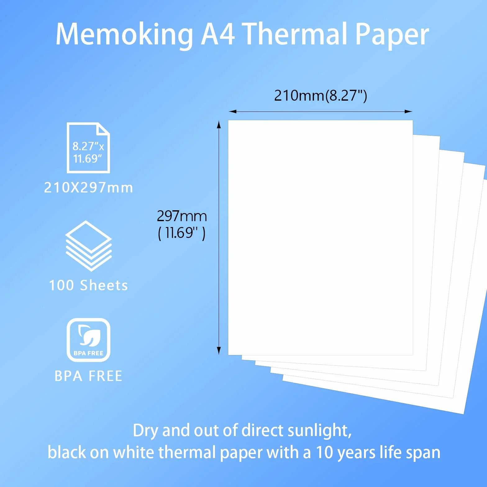 Papier termiczny A4-210 mm x 297 mm, kompatybilny z Phomemo M08F/M832/M833/M834/M835, mobilna drukarka do umowy, zdjęć, rysunków, prac domowych, 10 lat, papier termiczny, 100 arkuszy