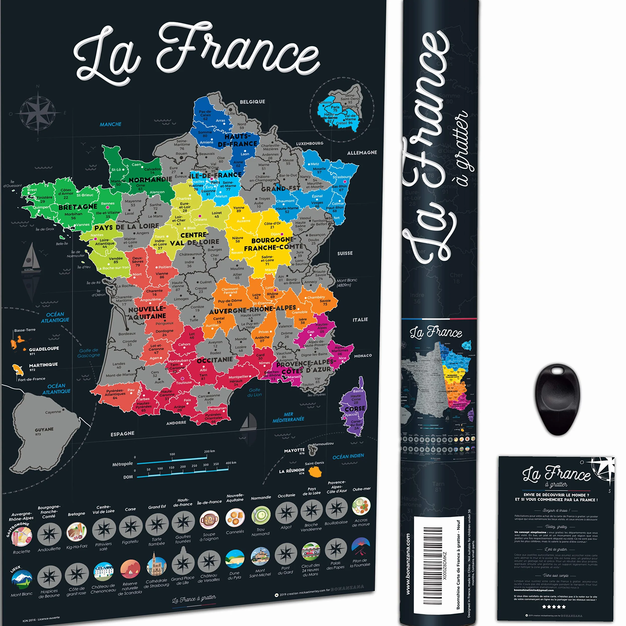 Bonanzana - Mapa Francji do drapania - 70x42 cm - Plakat do drapania regionów i wydziałów francuskich odwiedzanych z naczyniami i miejscami - Karta prezentowa ścienna z podróży - Scratch Off Map