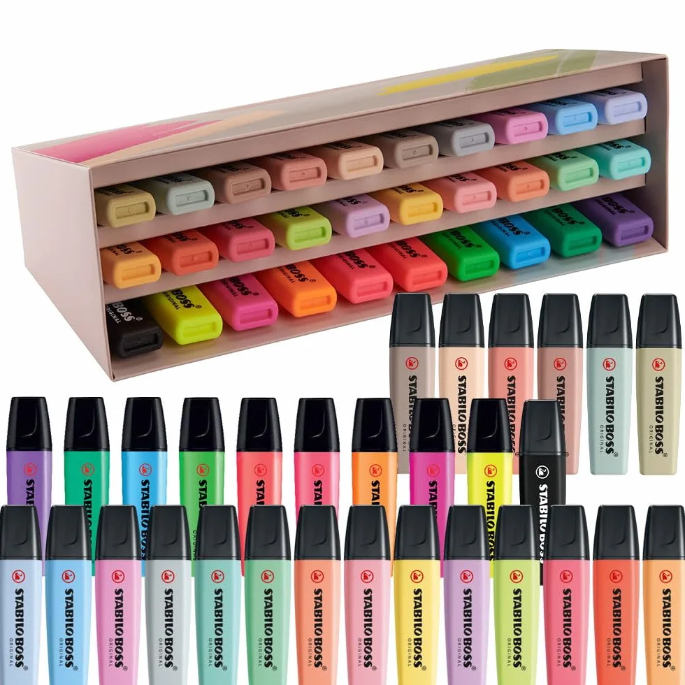 STABILO BOSS ORIGINAL zakreślacz zestaw 30 sztuk, 9 neonowych, 14 pastelowych, 6 naturalnych kolorów i 1 czarny marker