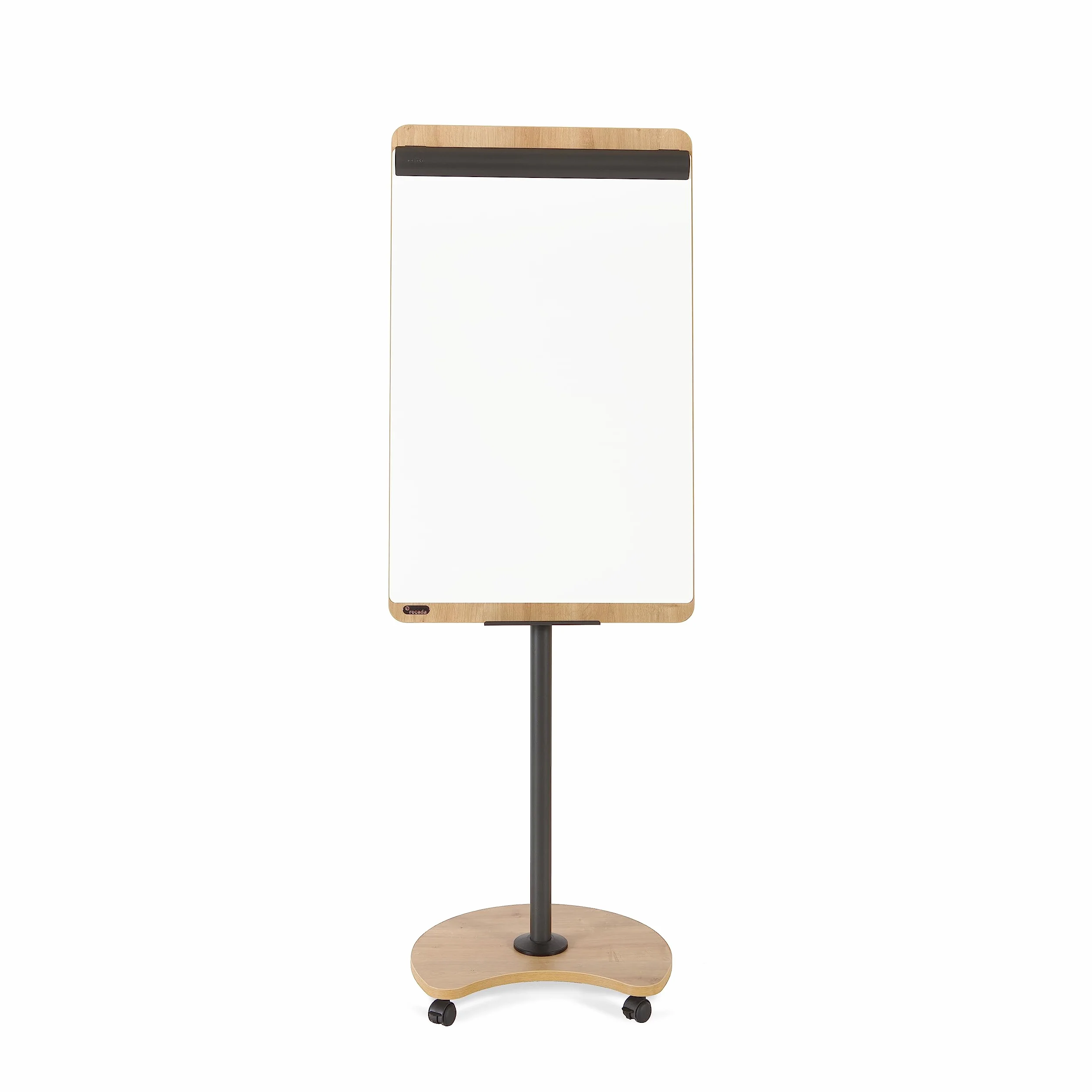Rocada Natural, flipchart, z rolkami, stojakiem i półką na długopisy, flipchart z drewna, zmywalny na sucho i magnetyczna, 67 x 99 cm, wysokość 200 cm – biała