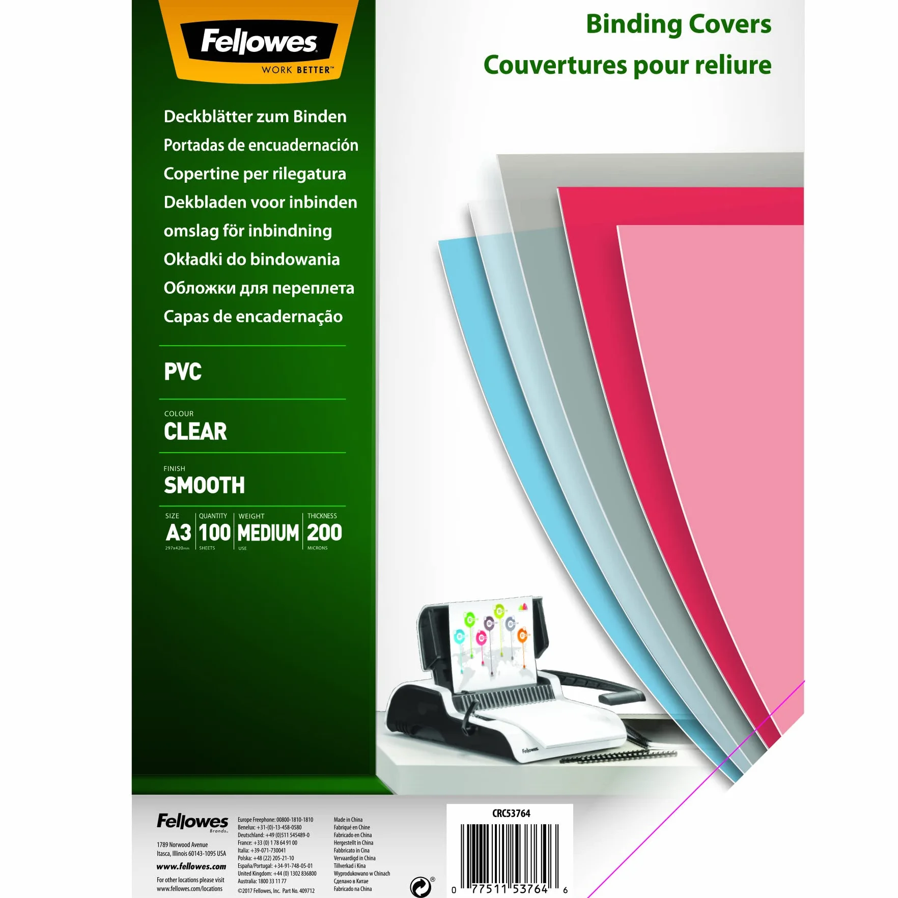 Fellowes 53764 Okładki z Pcw, A3, 200 Mikronów, Przezroczyste, 100 Sztuk