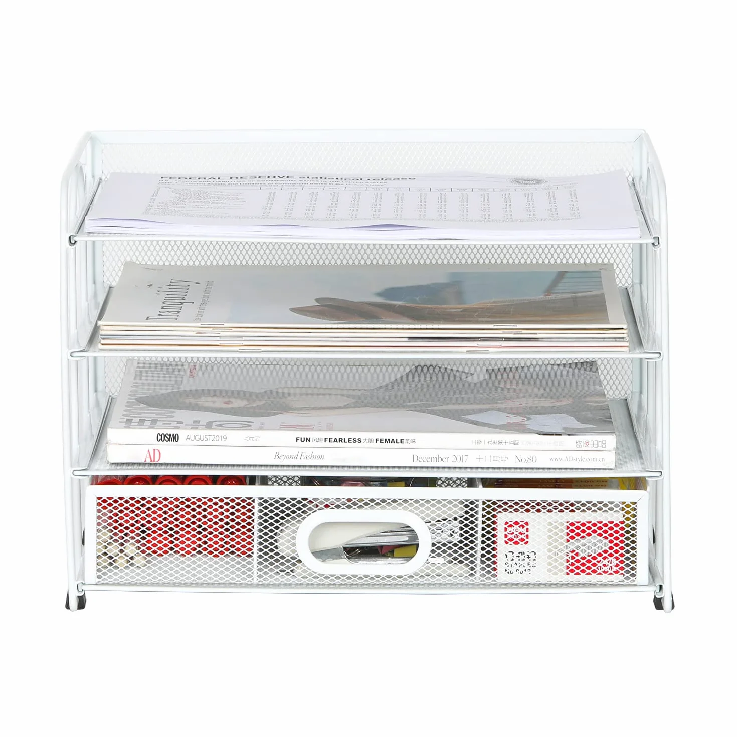 EasyPAG Organizer na Biurko A4 4 Przedziały Metal Siatka,Taca na Czasopisma,Półka na Listy,Stojak na Dokumenty z Szuflada do Domu & Biura,Biały