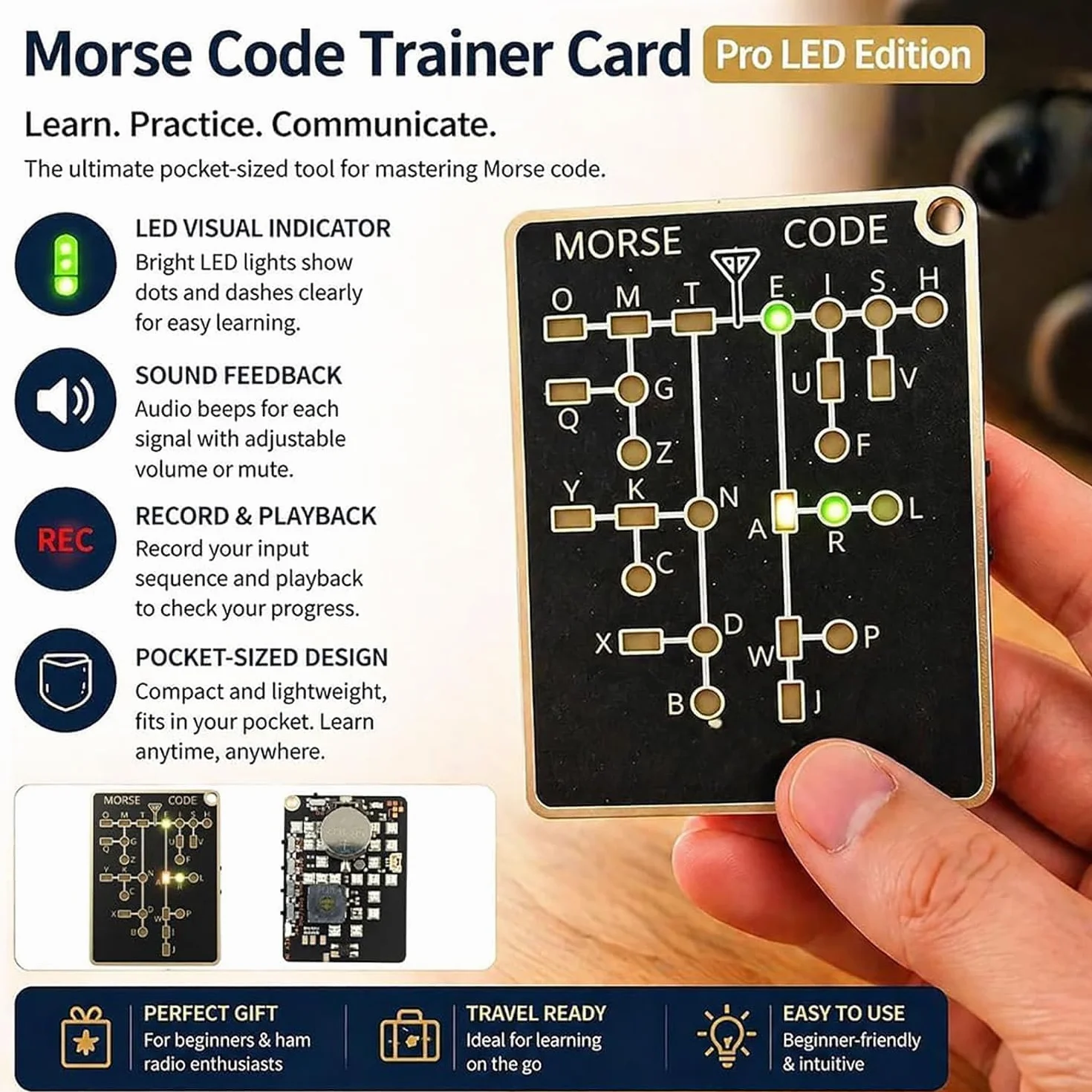 Morse Code Trainer Card Pro, interaktywne narzędzie do ćwiczeń telegraficznych LED i audio, ze sprzężeniem zwrotnym w czasie rzeczywistym, nagrywanie i odtwarzanie, przenośna kieszonkowa